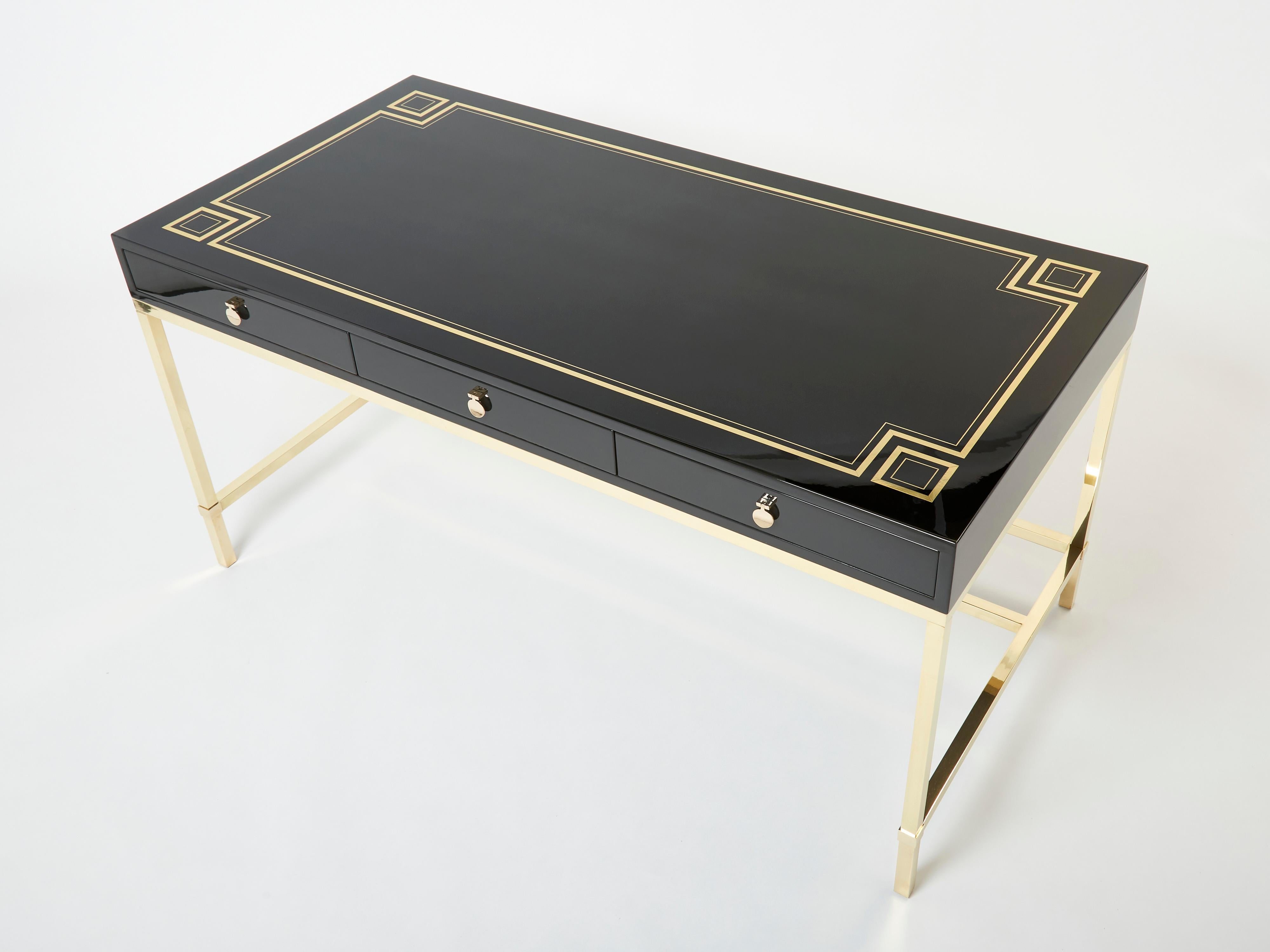 Large Desk Table Guy Lefevre Maison Jansen Black Lacquer Brass 1970s For Sale 1