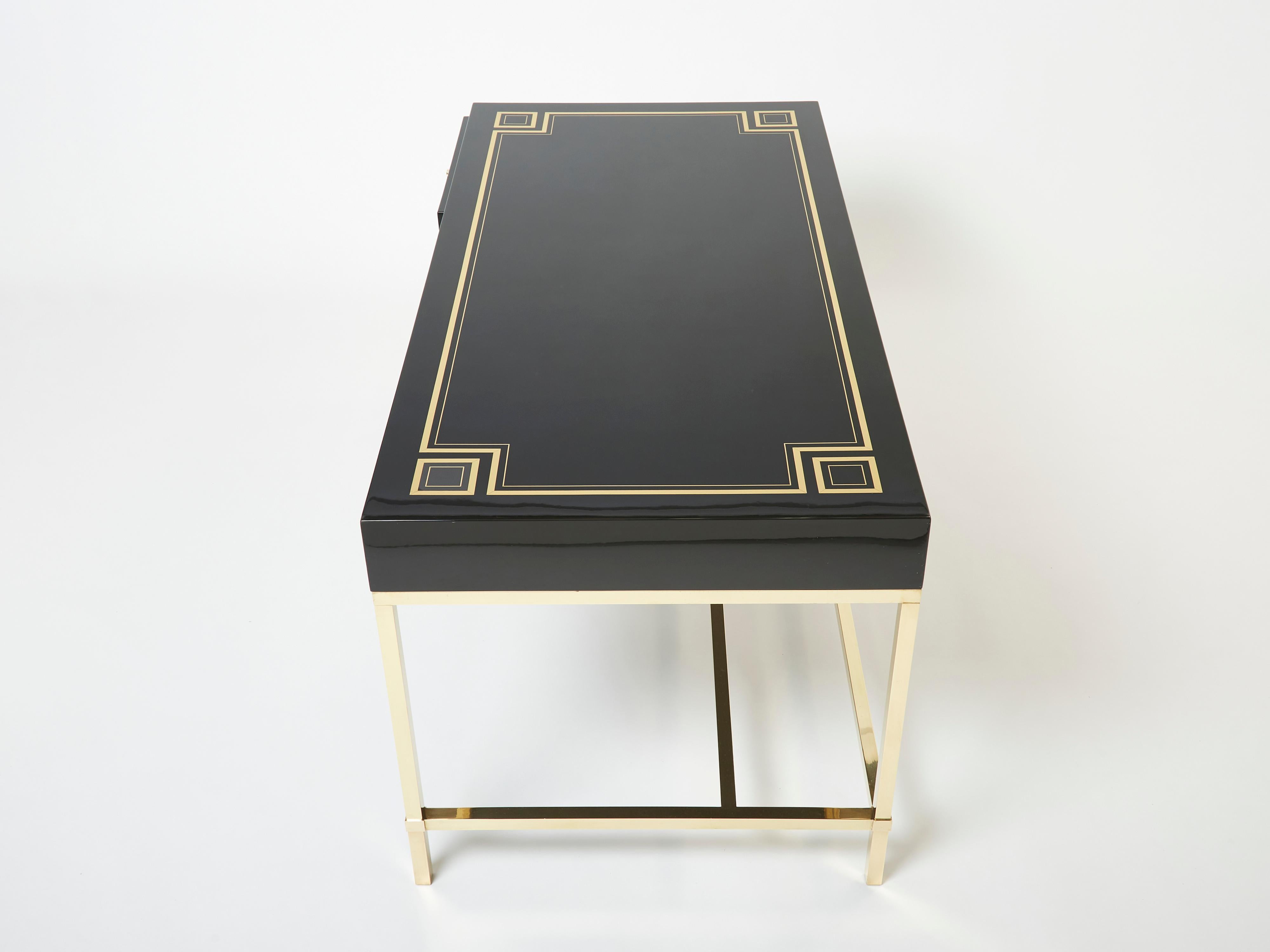 Large Desk Table Guy Lefevre Maison Jansen Black Lacquer Brass 1970s For Sale 2
