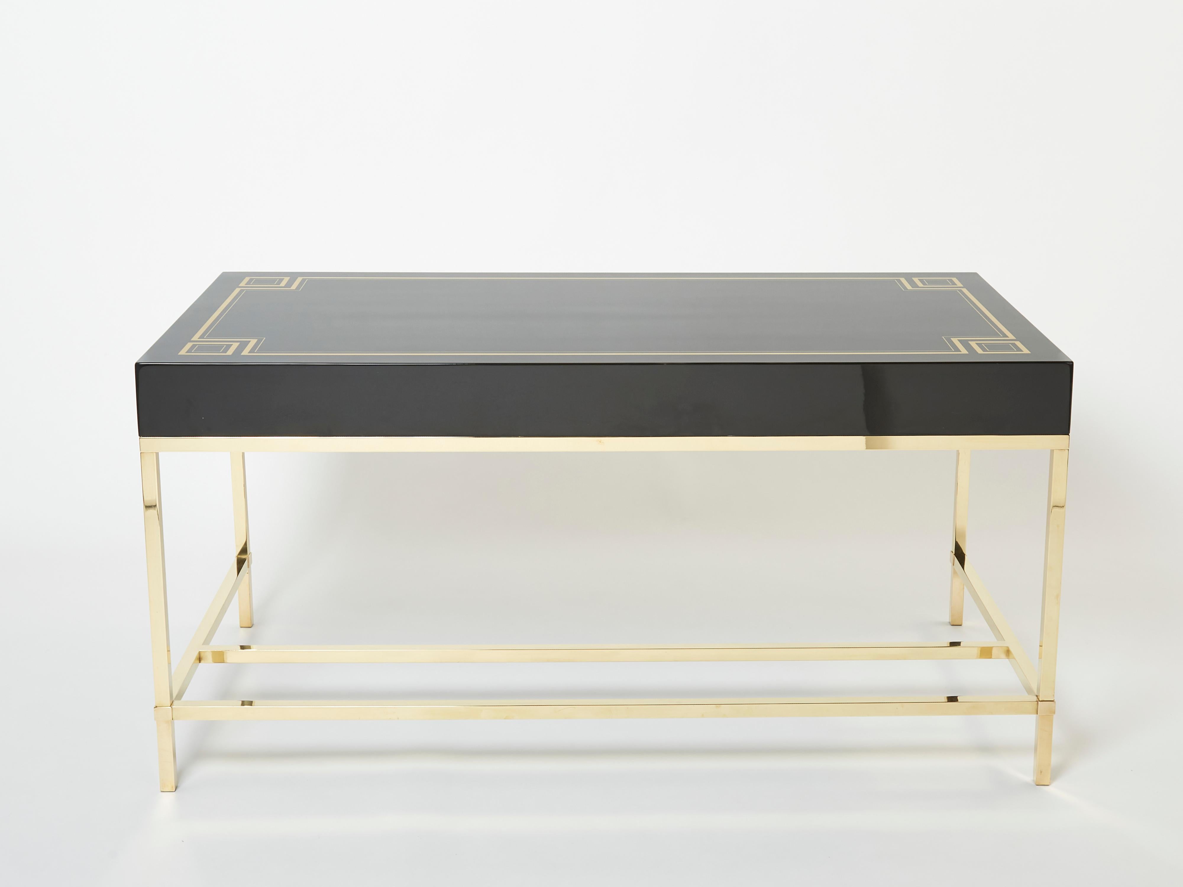 Large Desk Table Guy Lefevre Maison Jansen Black Lacquer Brass 1970s For Sale 3