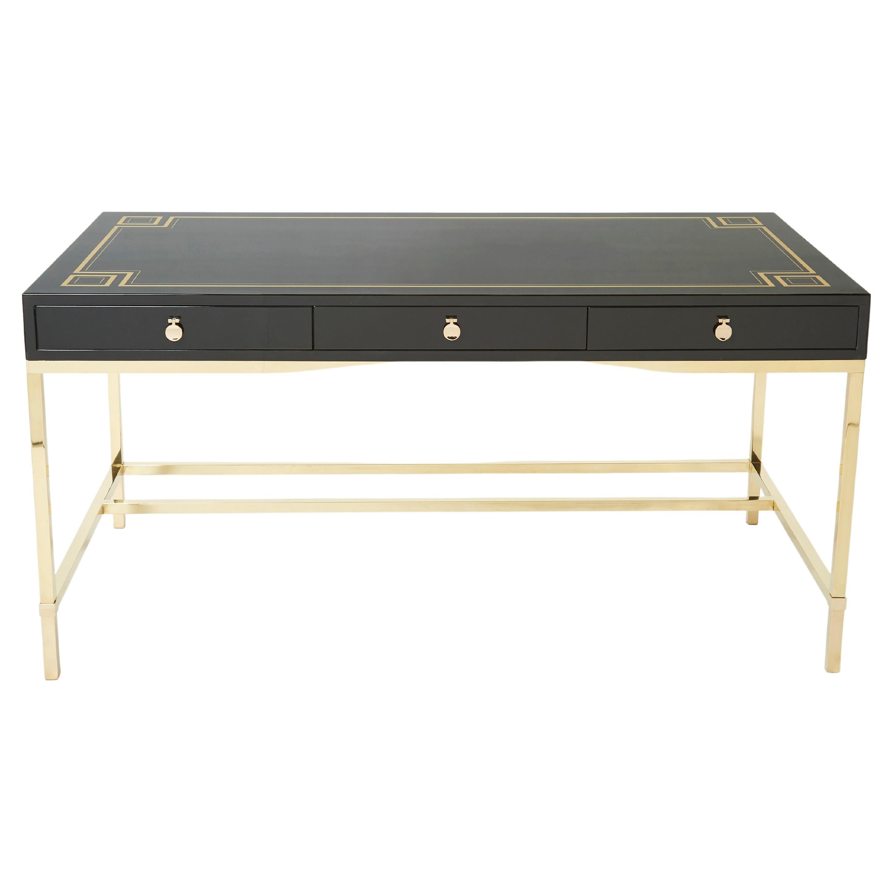 Mesa de escritorio grande Guy Lefevre Maison Jansen Laca negra Latón Años 70