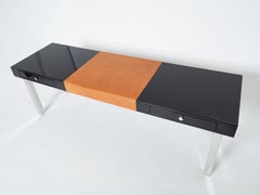 Large Desk Table Guy Lefevre Maison Jansen Black Lacquer Chrome Brass, 1970s