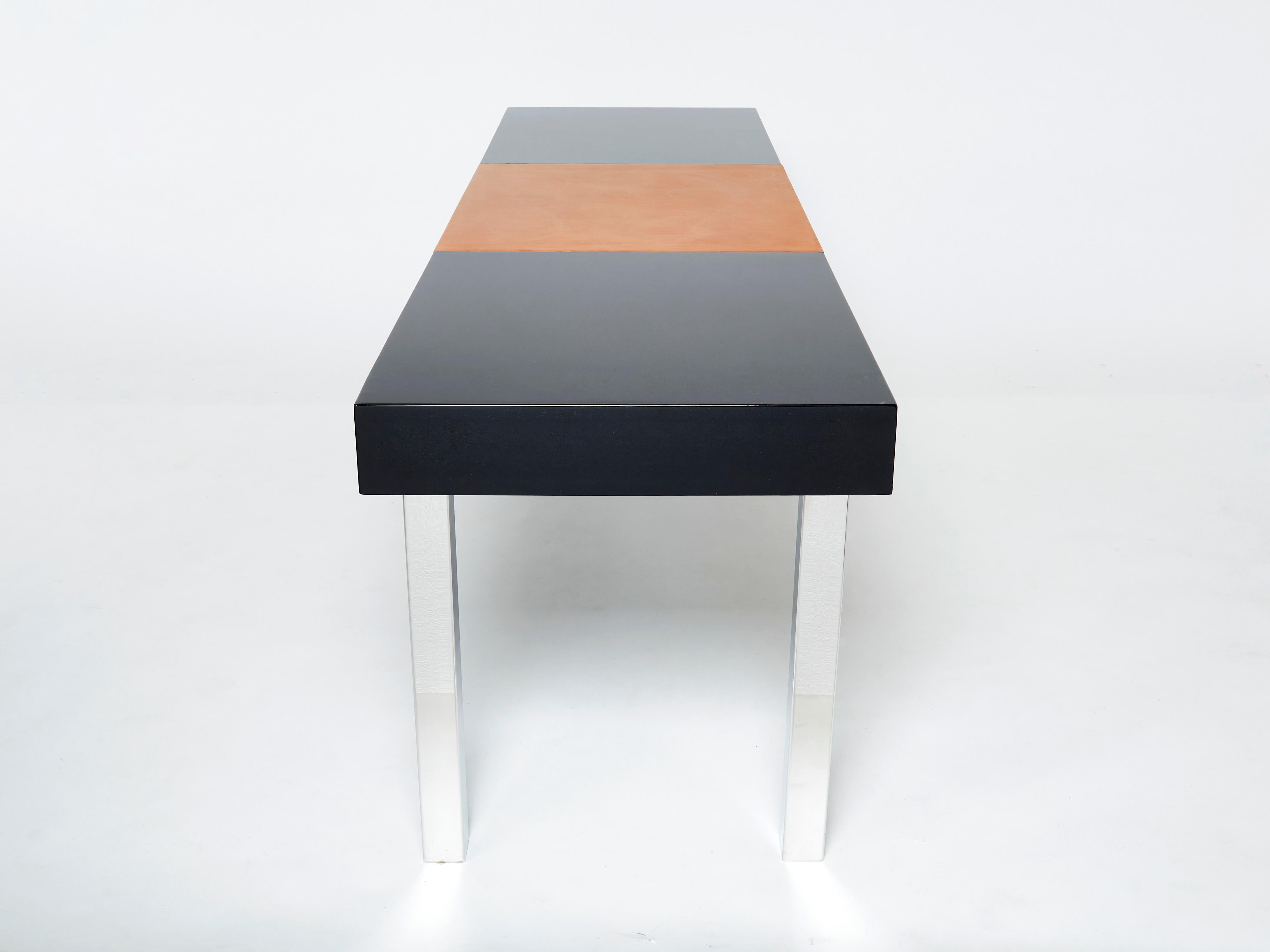 Mid-Century Modern Large Desk Table Guy Lefevre Maison Jansen Black Lacquer Chrome Brass, 1970s