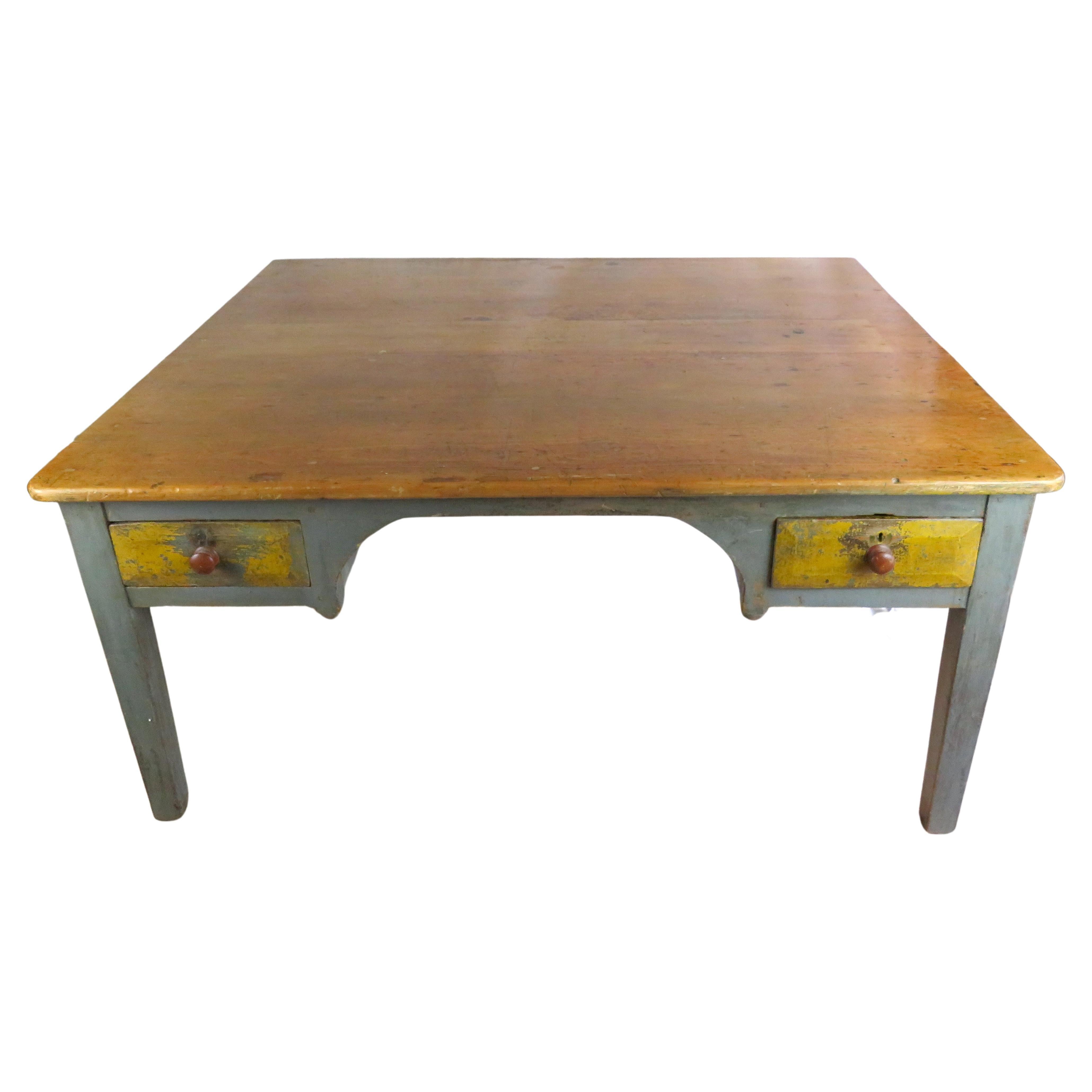 Large Desk-Table in Original Gray/Ochre Paint