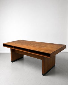 Large mid-century executive wood desk with 3 roller shutters and 4 drawers