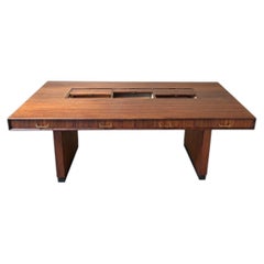 Large mid-century executive wood desk with 3 roller shutters and 4 drawers