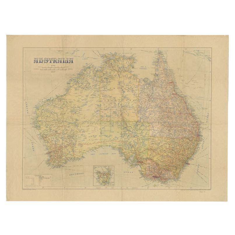 Large Detailed Map of Australia Wint Inset of Tasmania, 1937 For Sale