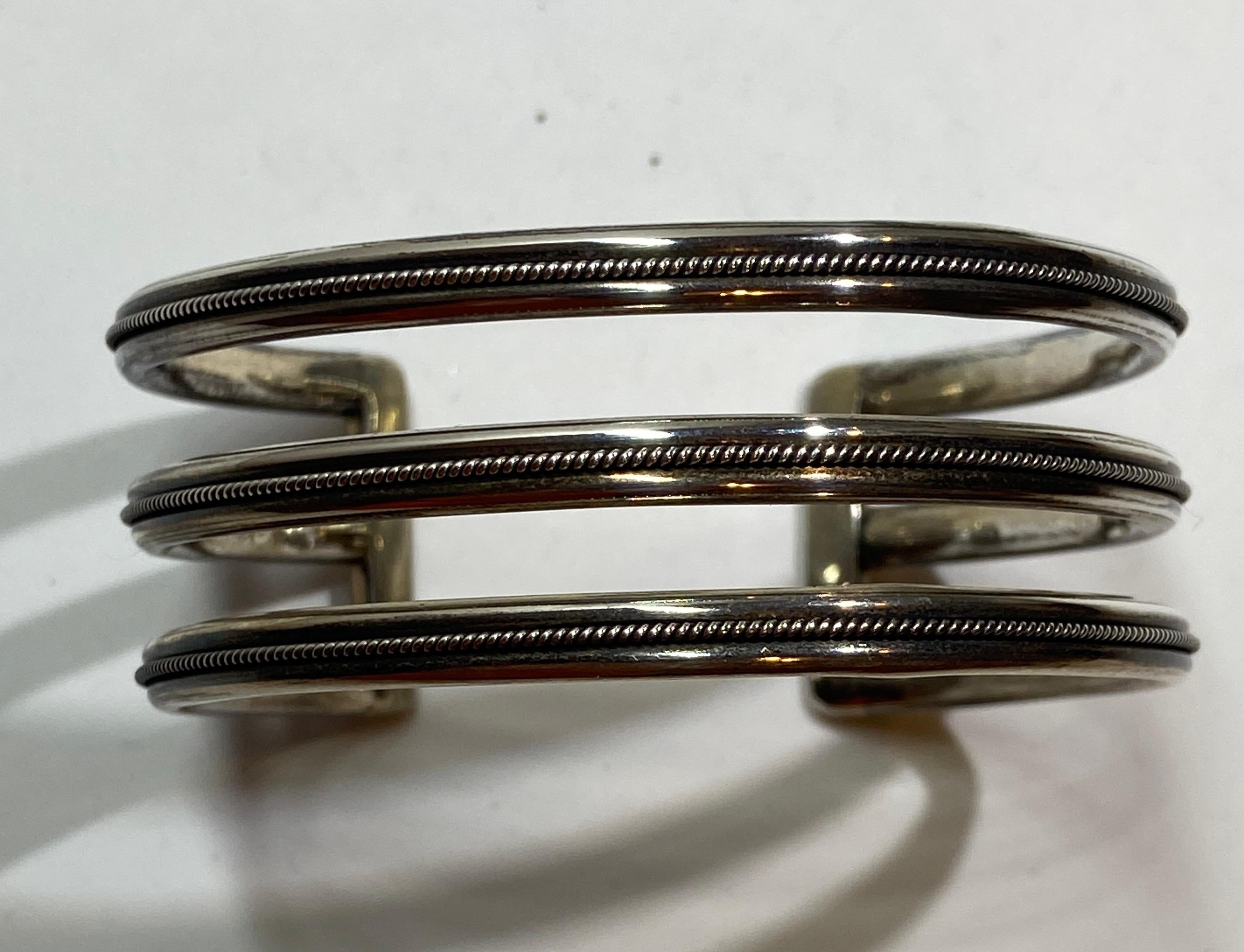 Large Detailed Three-Band Sterling Silver Cuff with Micro Twist-Rope Bracelet  In Fair Condition For Sale In New York, NY