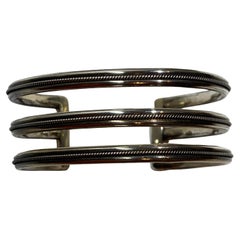 Large Detailed Three-Band Sterling Silver Cuff with Micro Twist-Rope Bracelet 