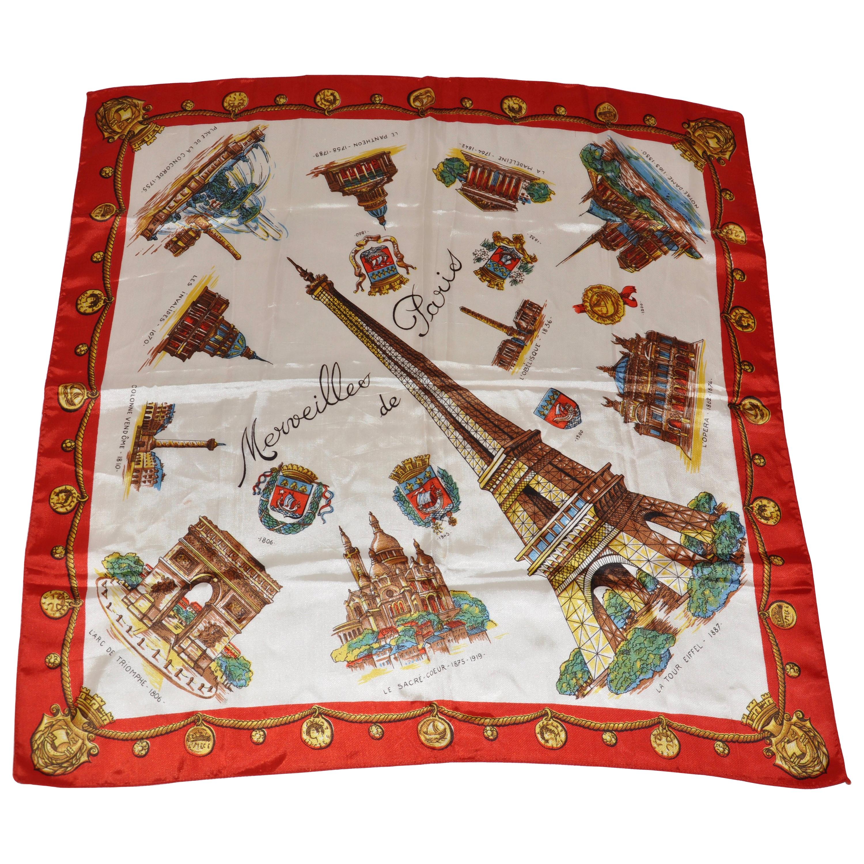 Large Detailed "Wonderful Paris" with Red Borders Scarf For Sale