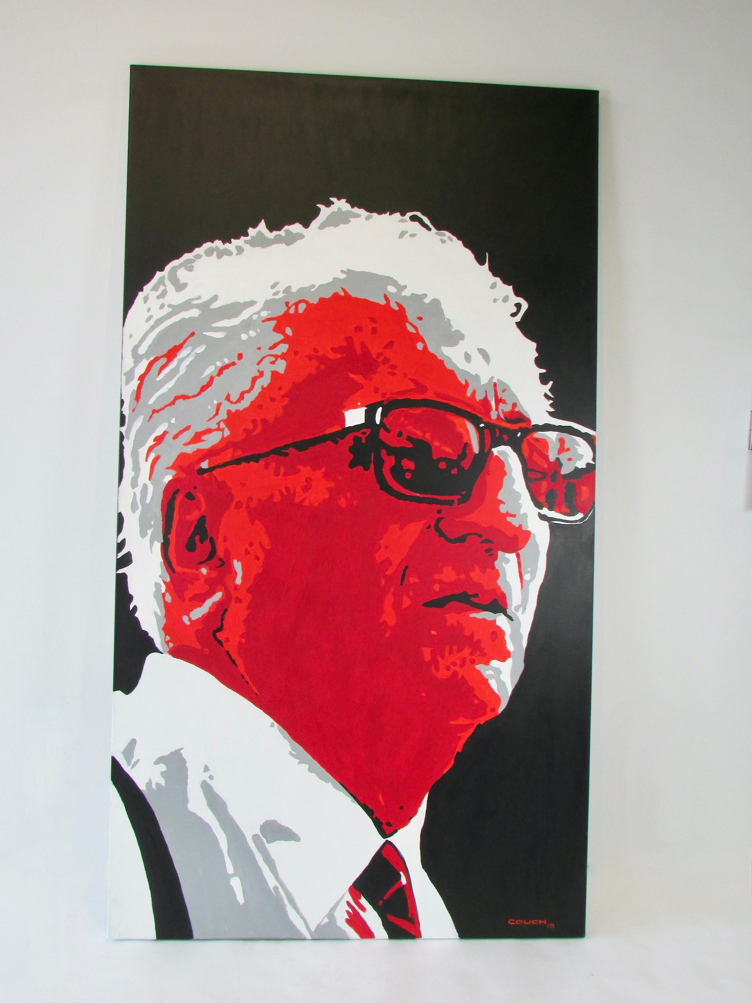 Hand-Painted Large Detroit Artist Billy Couch Acrylic on Canvas Painting of Enzo Ferrari For Sale