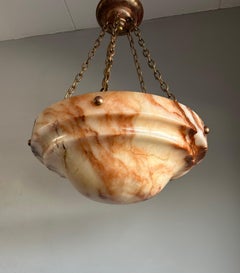 Large Diameter 20.4Ø" Rare Layered 'Flameboyant' Alabaster Shade 5 Light Pendant