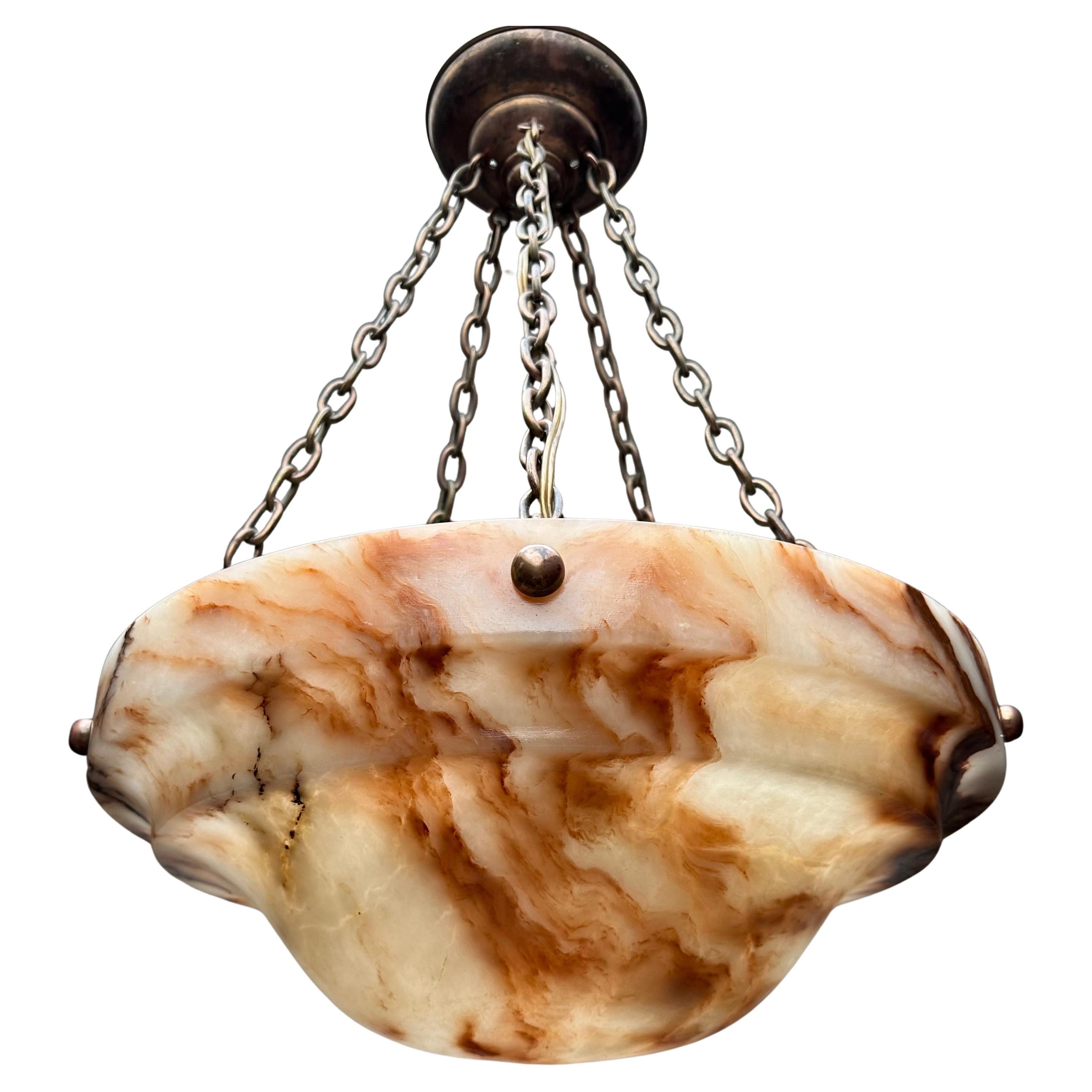 Large Diameter 20.4Ø" Rare Layered 'Flameboyant' Alabaster Shade 5 Light Pendant