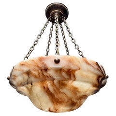Antique Large Diameter 20.4Ø" Rare Layered 'Flameboyant' Alabaster Shade 5 Light Pendant