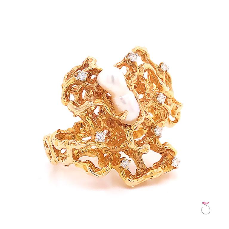Large Diamond and Pearl Free Form Two Finger Statement Ring in 14K Yellow Gold For Sale at 1stDibs