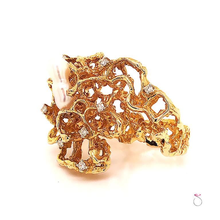 Large Diamond and Pearl Free Form Two Finger Statement Ring in 14K Yellow Gold For Sale at 1stDibs