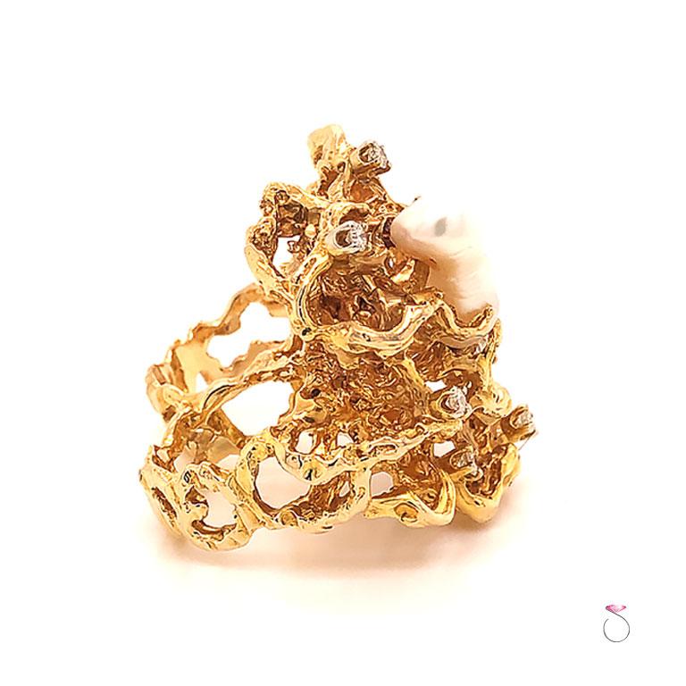 Large Diamond and Pearl Free Form Two Finger Statement Ring in 14K Yellow Gold For Sale at 1stDibs