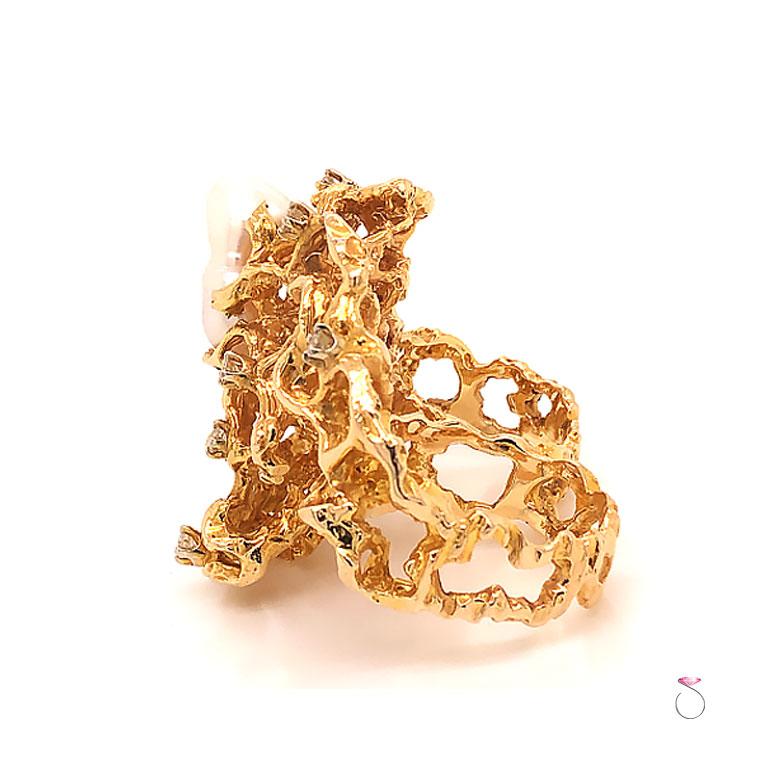 Large Diamond and Pearl Free Form Two Finger Statement Ring in 14K Yellow Gold For Sale at 1stDibs