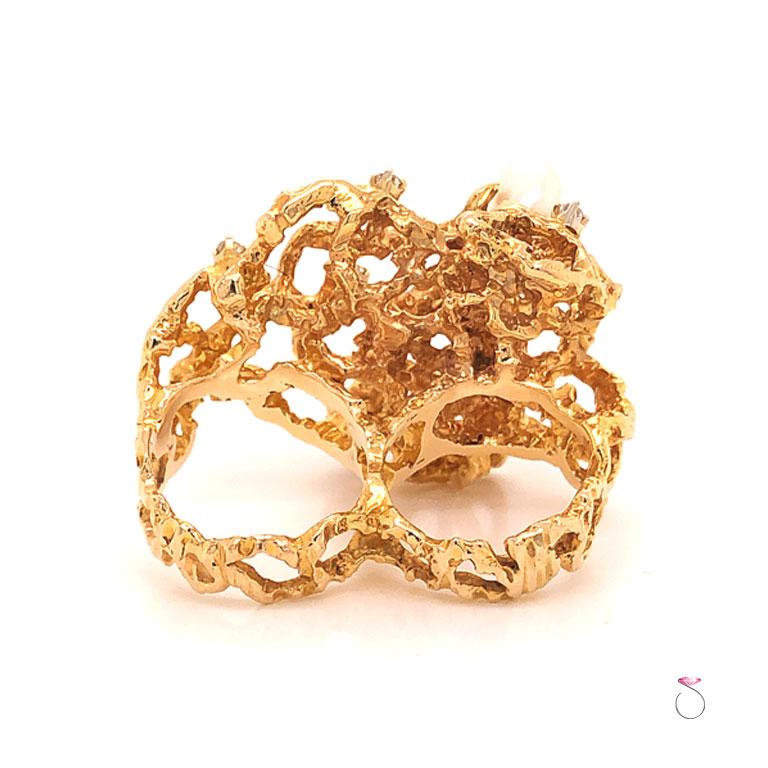 Large Diamond and Pearl Free Form Two Finger Statement Ring in 14K Yellow Gold For Sale at 1stDibs