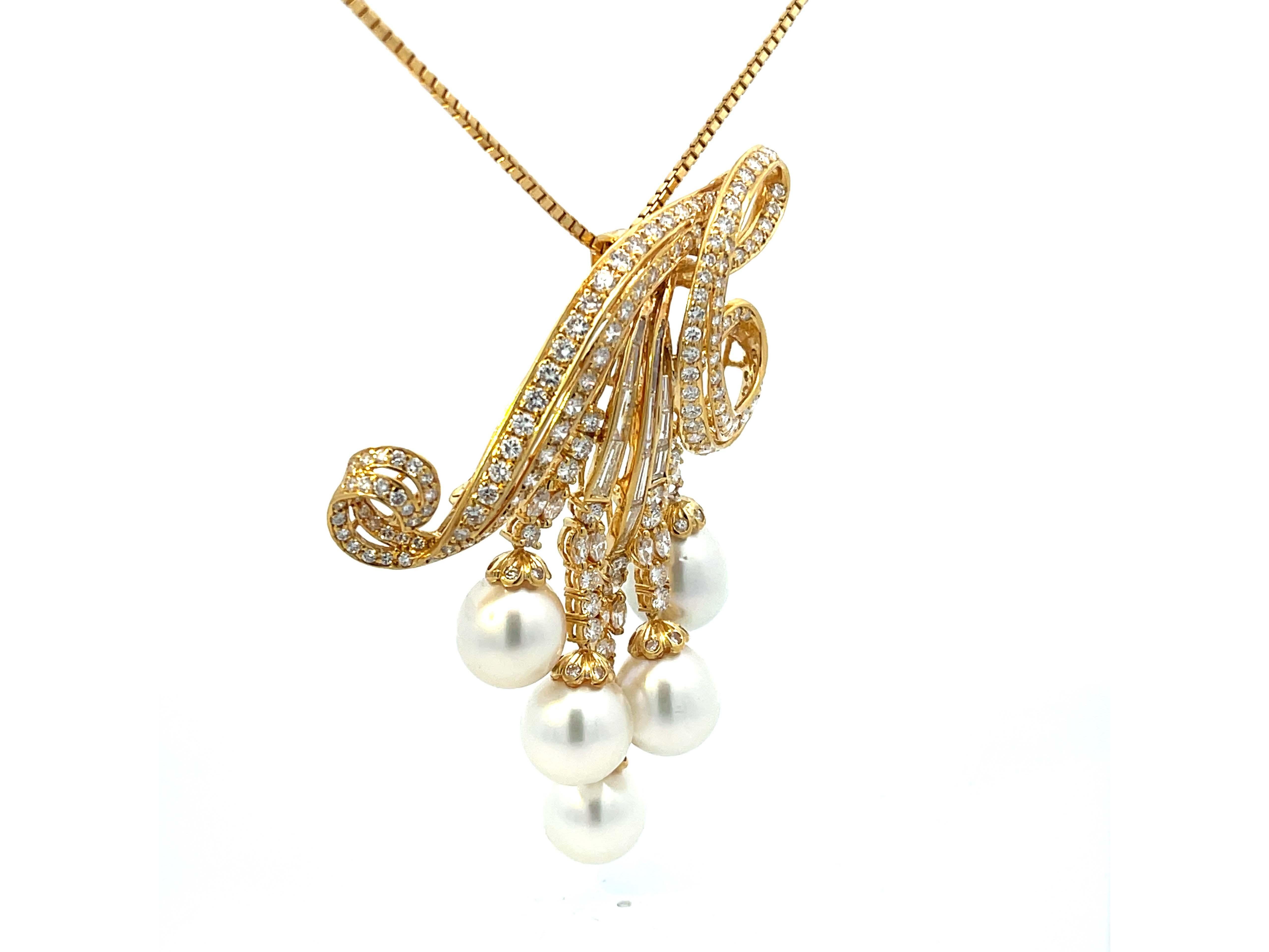 Modern Large Diamond and Pearl Necklace in 18k Yellow Gold For Sale