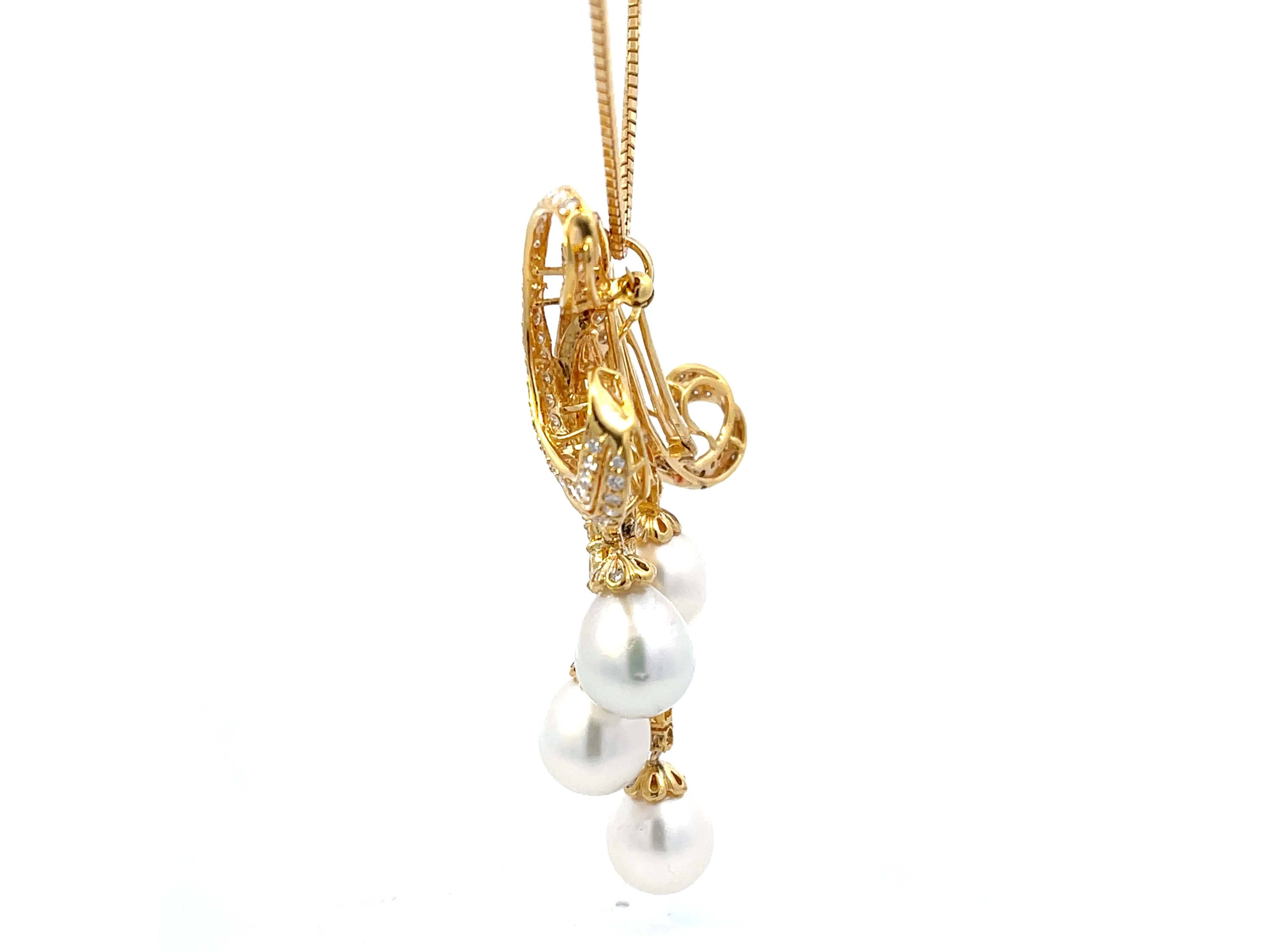 Women's Large Diamond and Pearl Necklace in 18k Yellow Gold For Sale