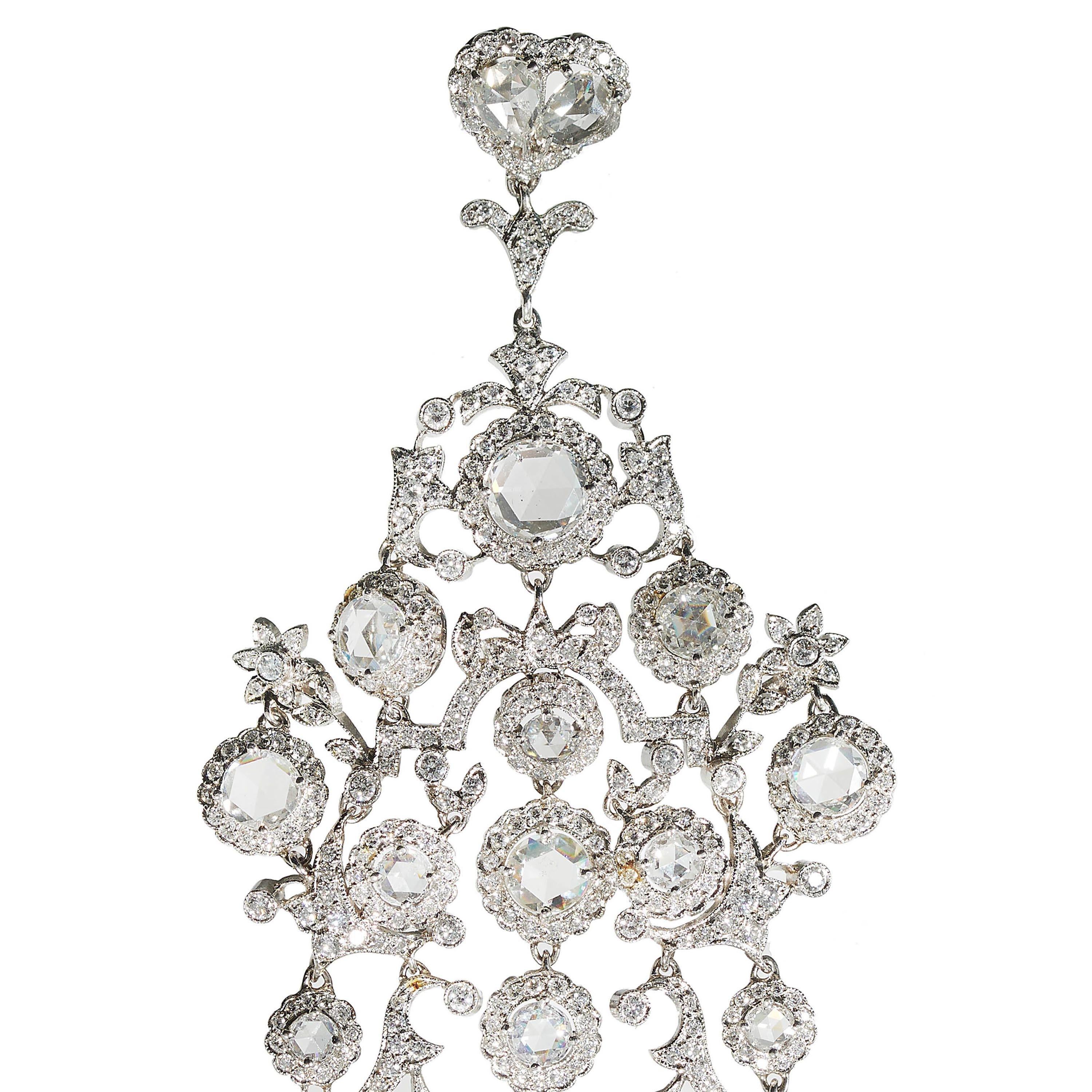 Round Cut Modern Large Diamond And Platinum Chandelier Earrings, 15.26 Carats For Sale