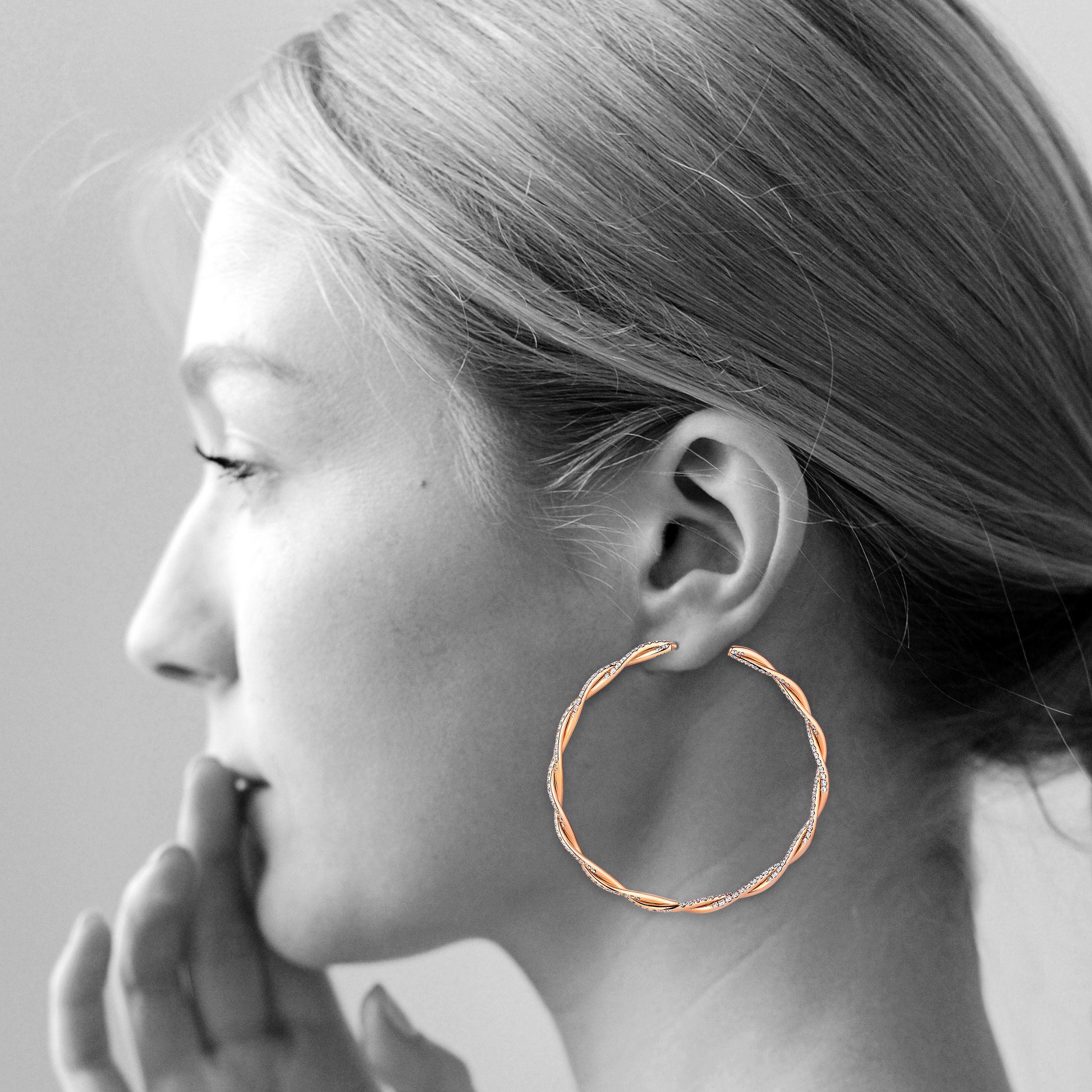 Contemporary Large Diamond and Rose Gold Twisted Hoop Earrings