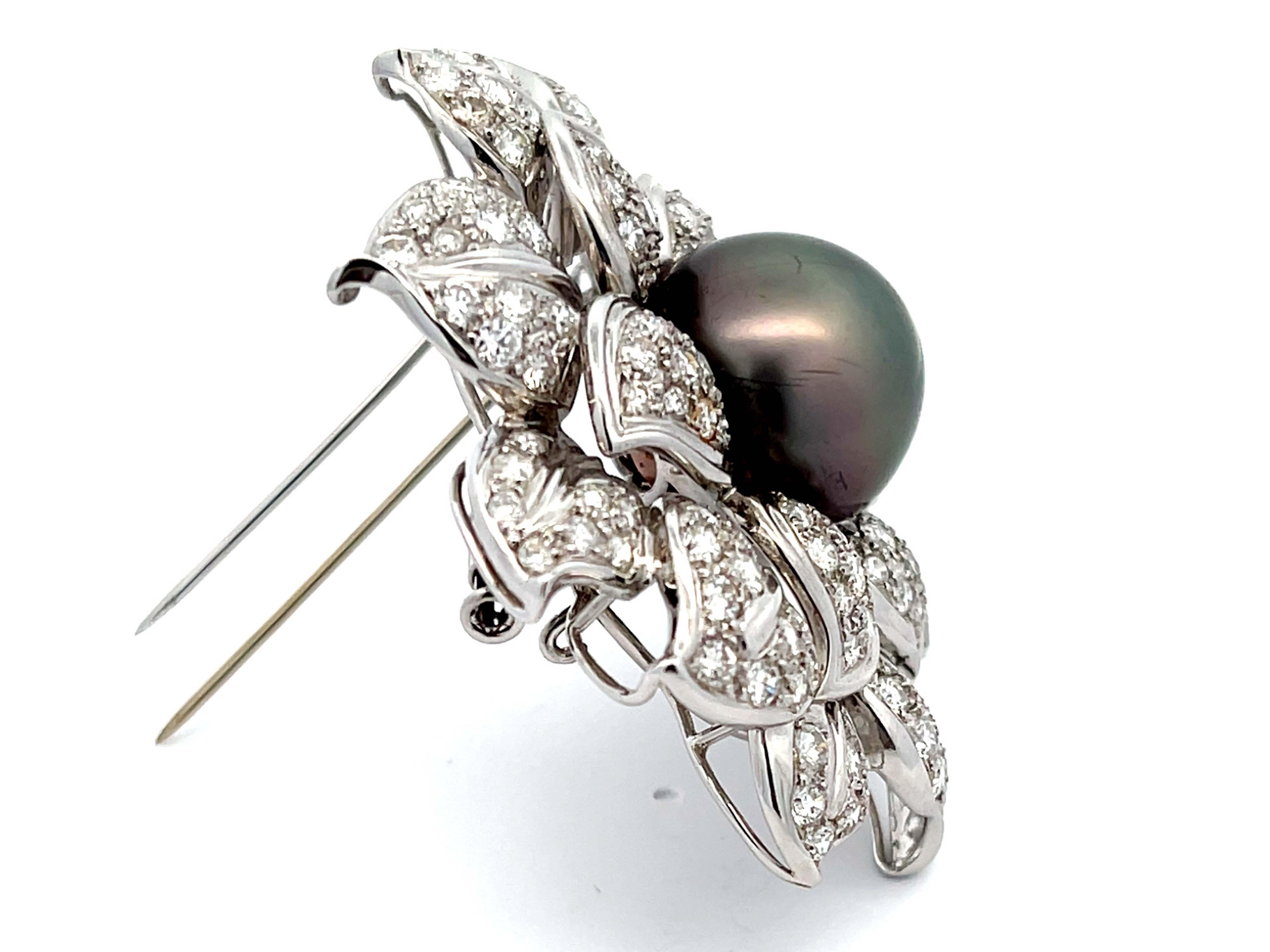 Art Deco Large Diamond and Tahitian Pearl Flower Brooch in 18k White Gold For Sale