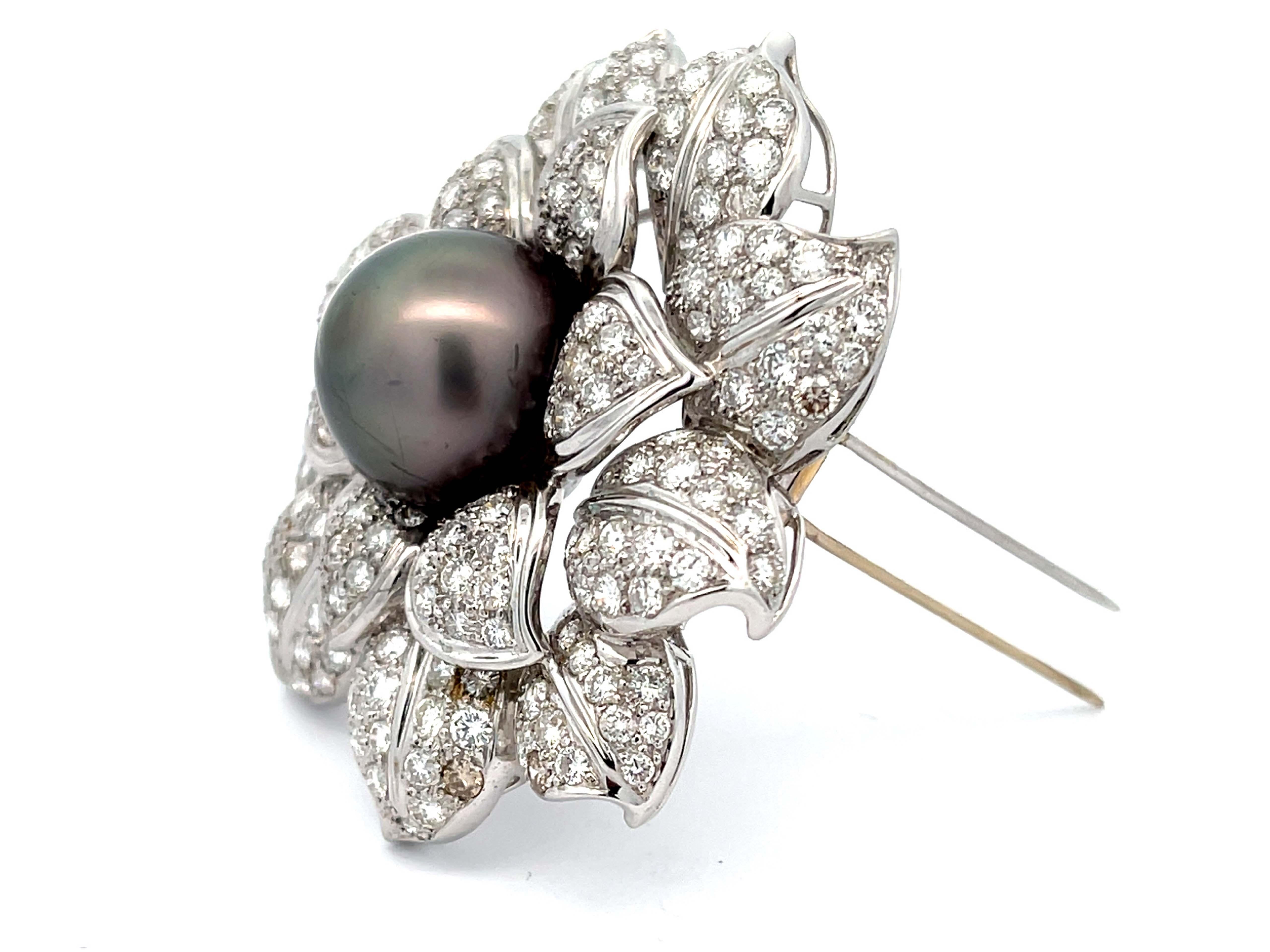 Brilliant Cut Large Diamond and Tahitian Pearl Flower Brooch in 18k White Gold For Sale