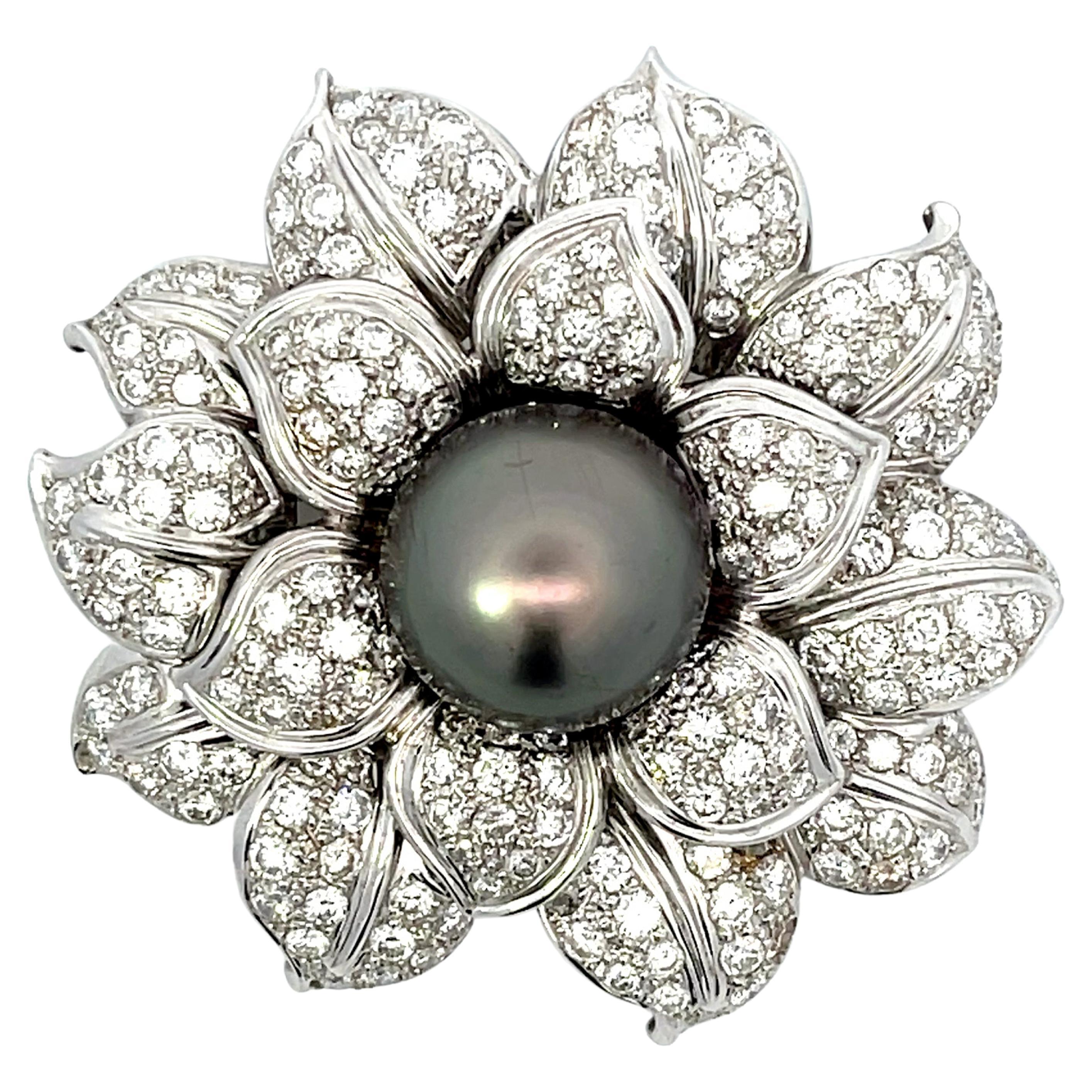 Large Diamond and Tahitian Pearl Flower Brooch in 18k White Gold For Sale