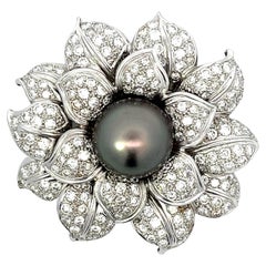 Antique Large Diamond and Tahitian Pearl Flower Brooch in 18k White Gold