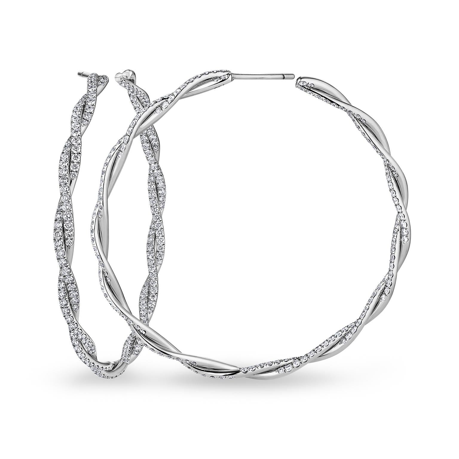 Round Cut Large Diamond and White Gold Twisted Hoop Earrings