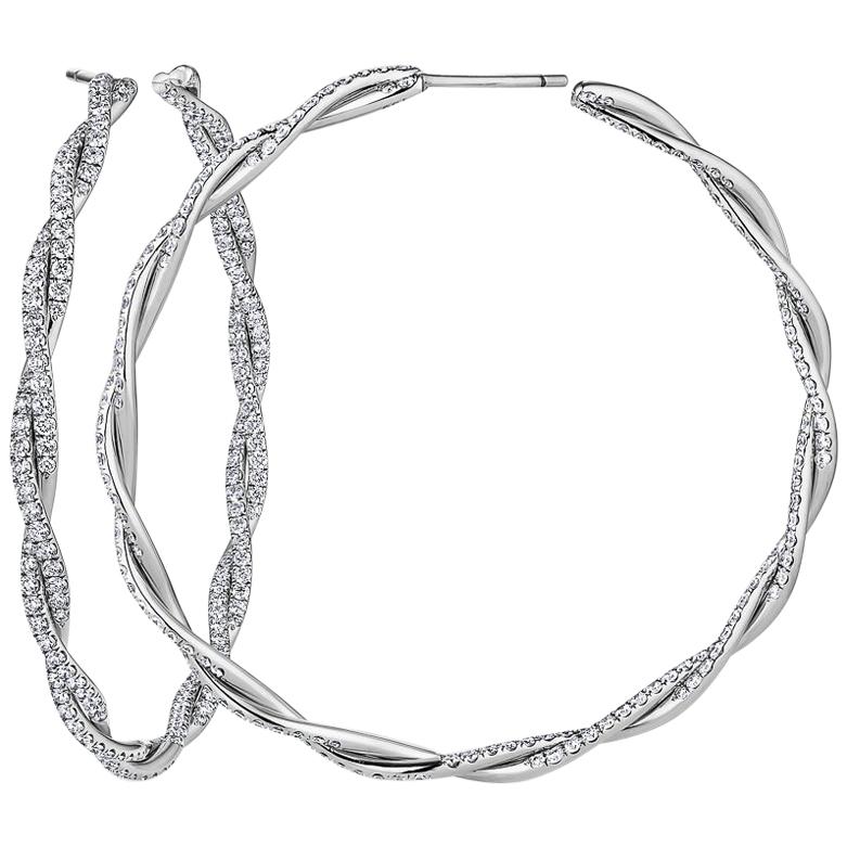 Large Diamond and White Gold Twisted Hoop Earrings