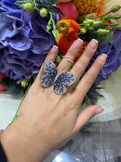 Large 18k White Gold Diamond Butterfly Ring Blue Sapphire 10.93ct, En Tremblant