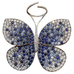 Large 18k White Gold Diamond Butterfly Ring Blue Sapphire 10.93ct, En Tremblant
