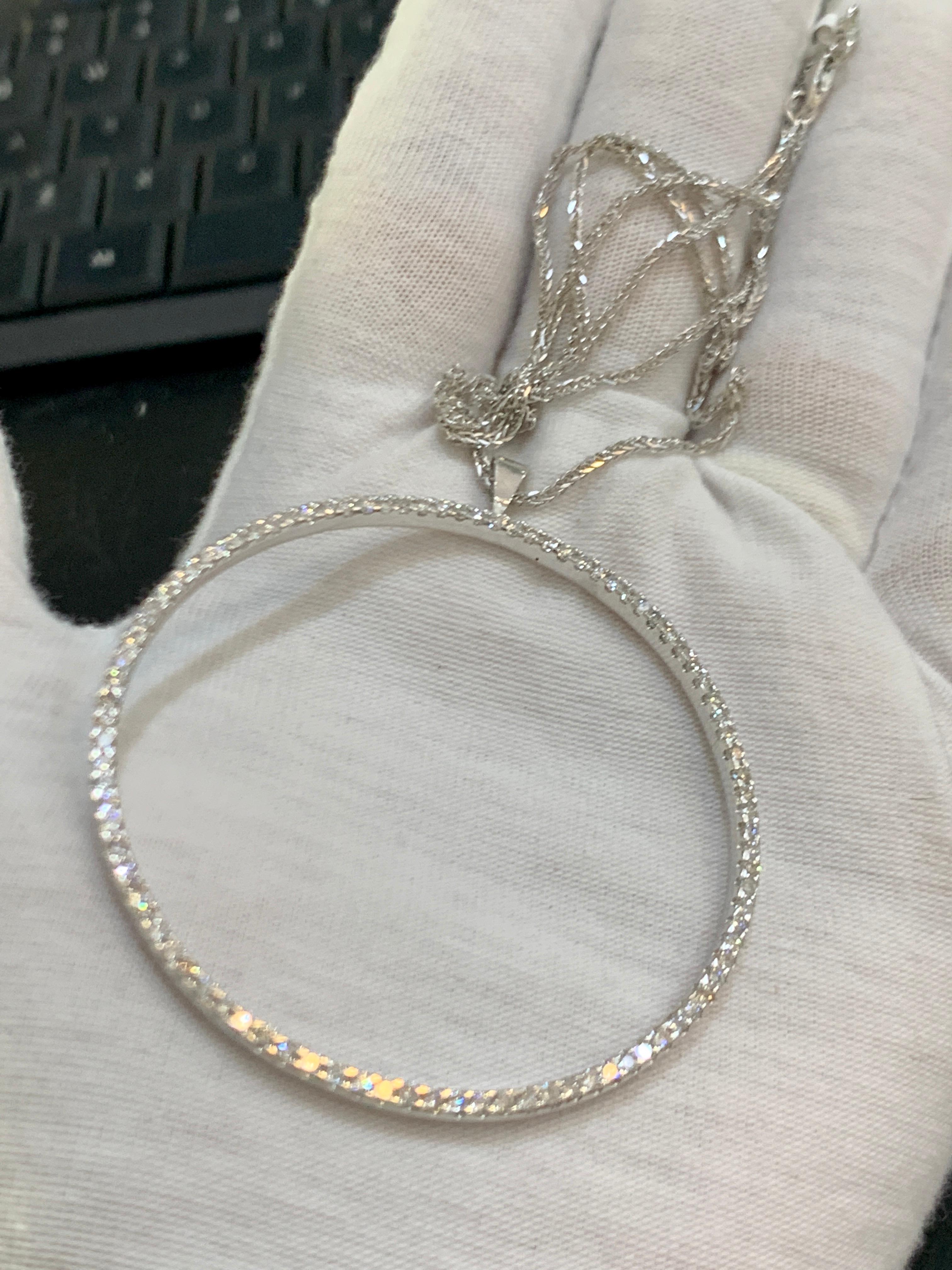 Round Cut Large Diamond Circle Pendant/ Necklace 18 Karat White Gold with 14 K Gold Chain For Sale