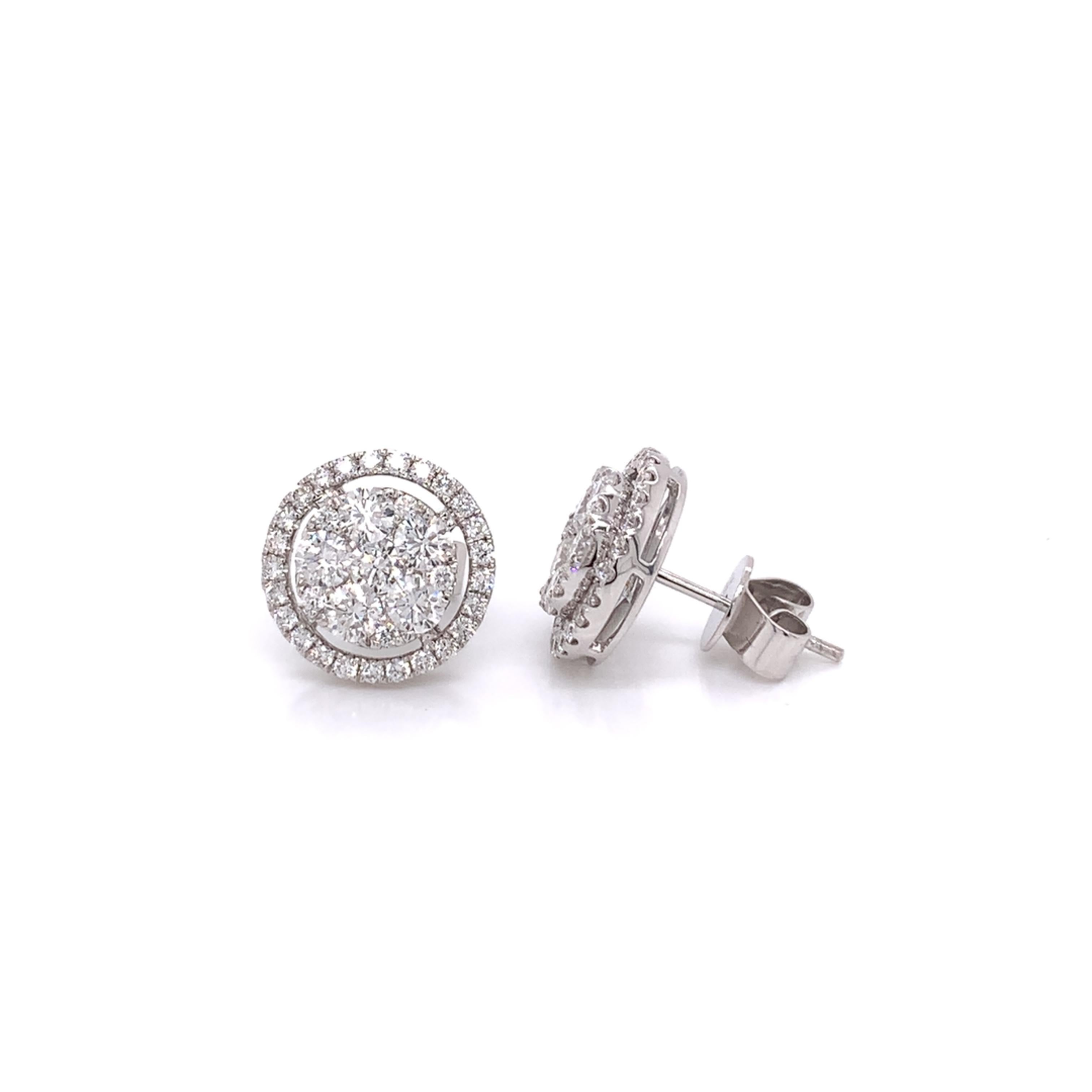 Diamond Cluster Earrings made with real/natural brilliant cut diamonds. Total Diamond Weight: 2.06cts. Diamond Qty: 72 (round diamonds). Color: G-H. Clarity: VS. Mounted on 18kt white gold push-back setting. 