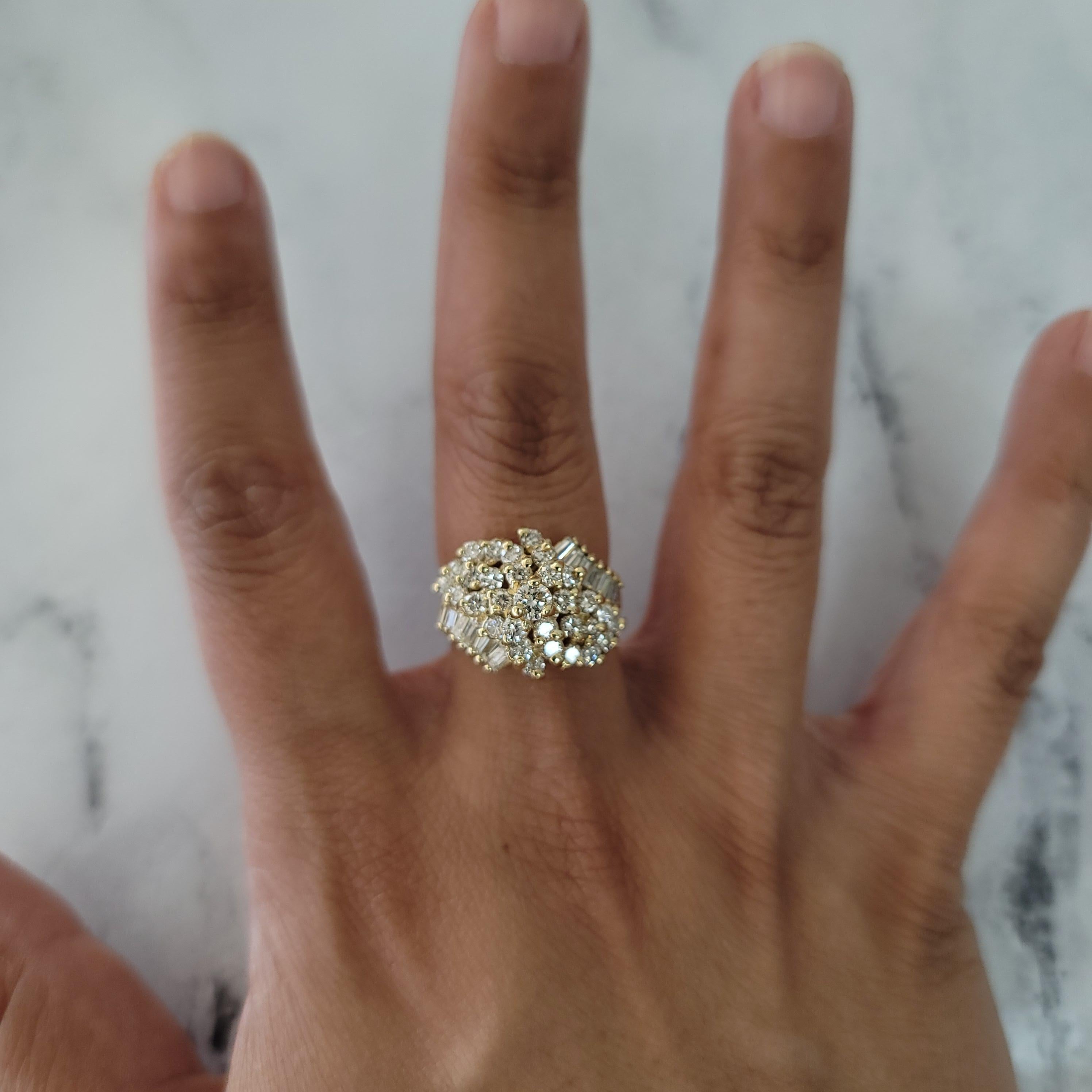 Tapered Baguette Large Diamond Cluster Engagement Ring 2.50cttw 14k Yellow Gold For Sale