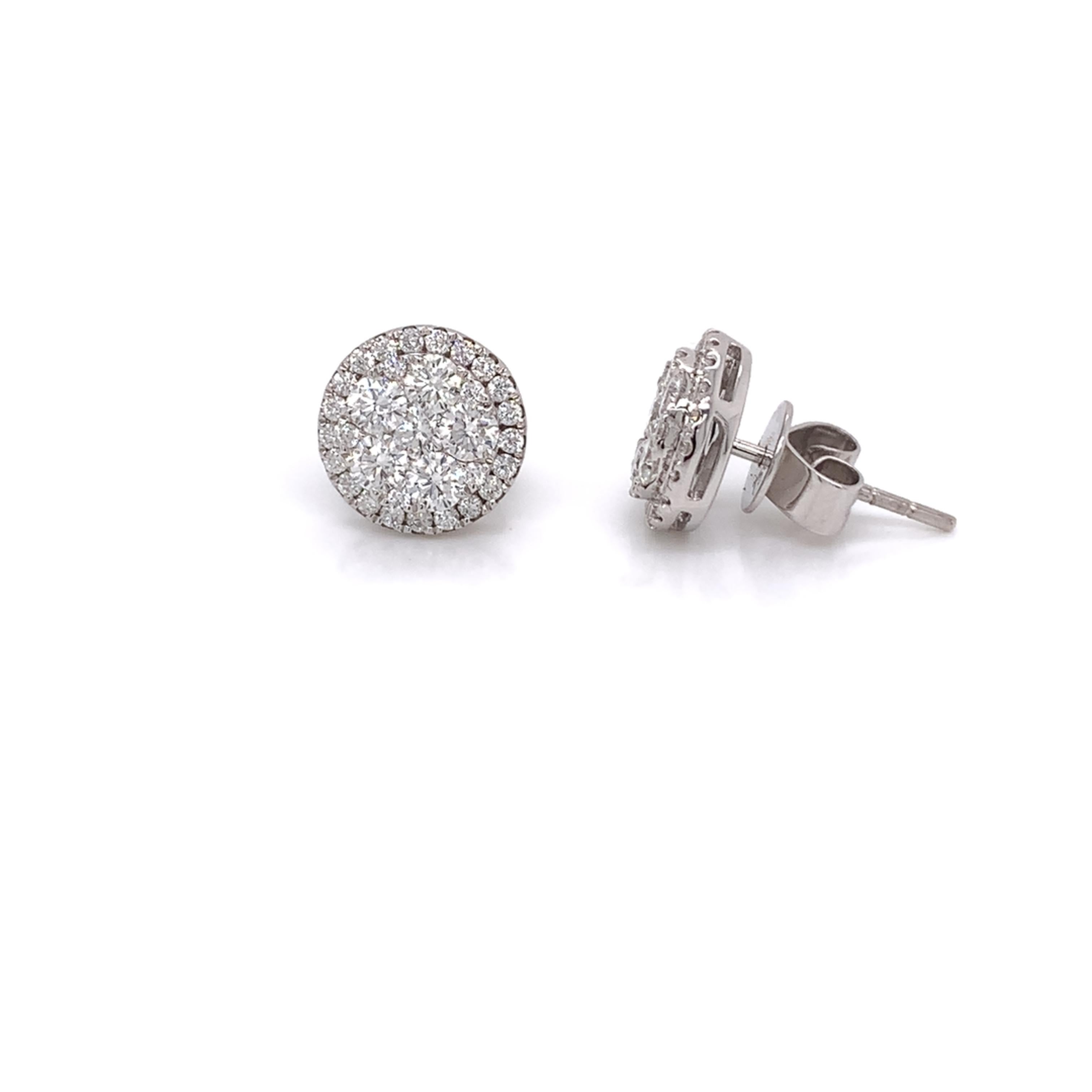 Diamond Cluster earrings made with real/natural brilliant cut diamonds. Total Diamond Weight: 1.59c carats. Diamond Quantity: 64 round diamonds. Diamond Color: G-H. Diamond Clarity: SI. Mounted on 18 karat white gold push-back setting.