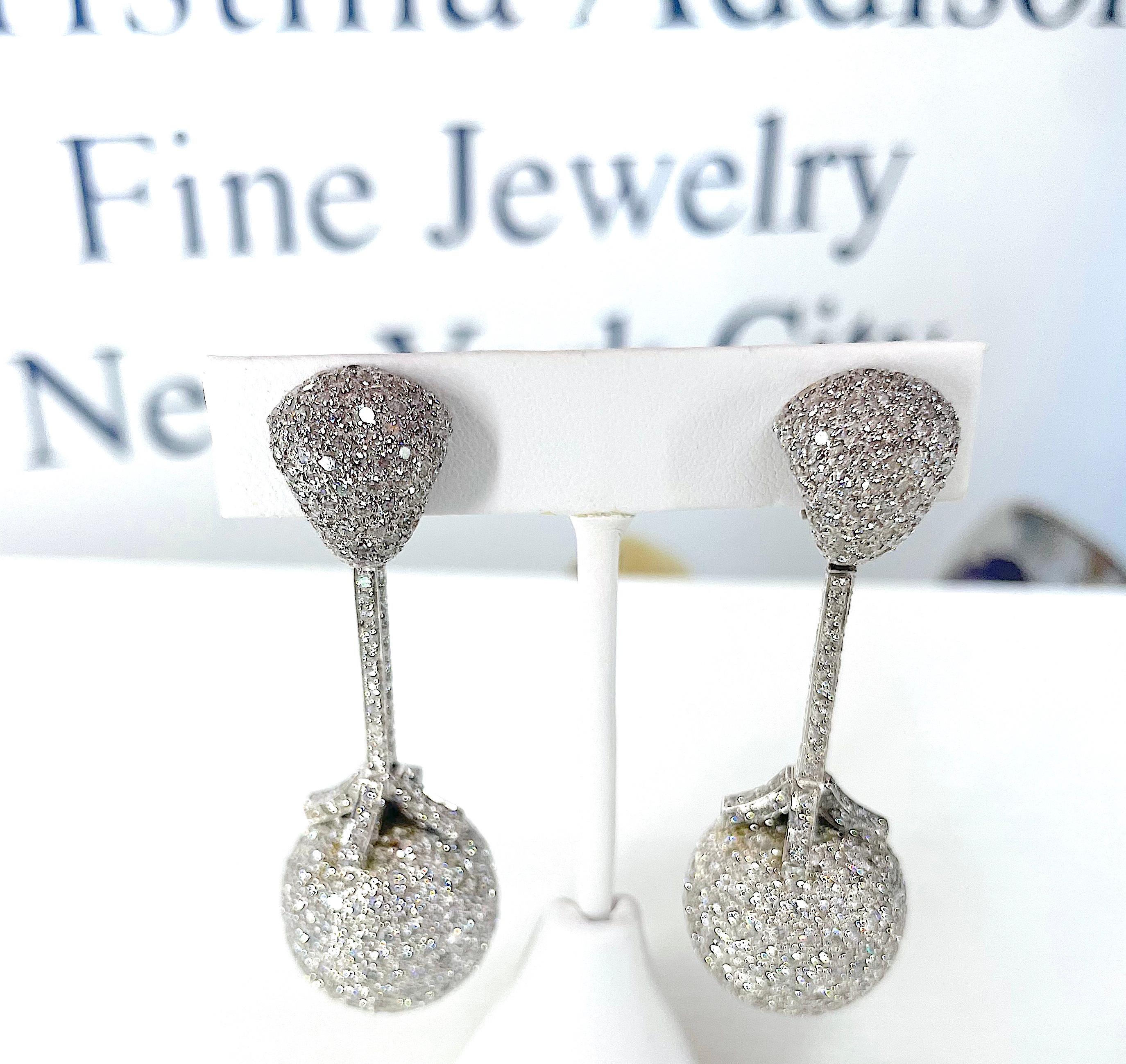 Contemporary Large Diamond Drop Earrings with Diamond Ball For Sale