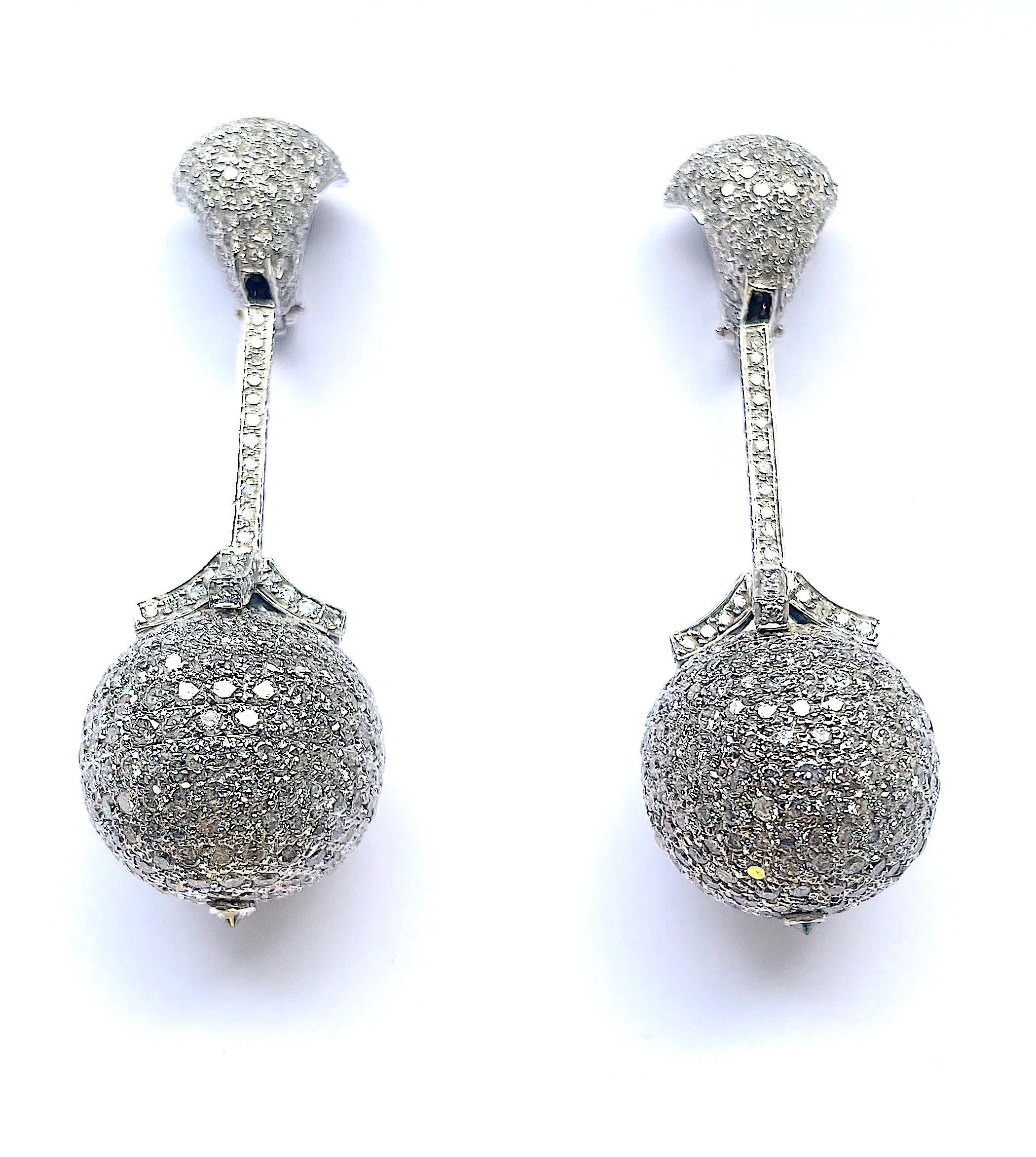Large Diamond Drop Earrings with Diamond Ball In New Condition For Sale In New York, NY