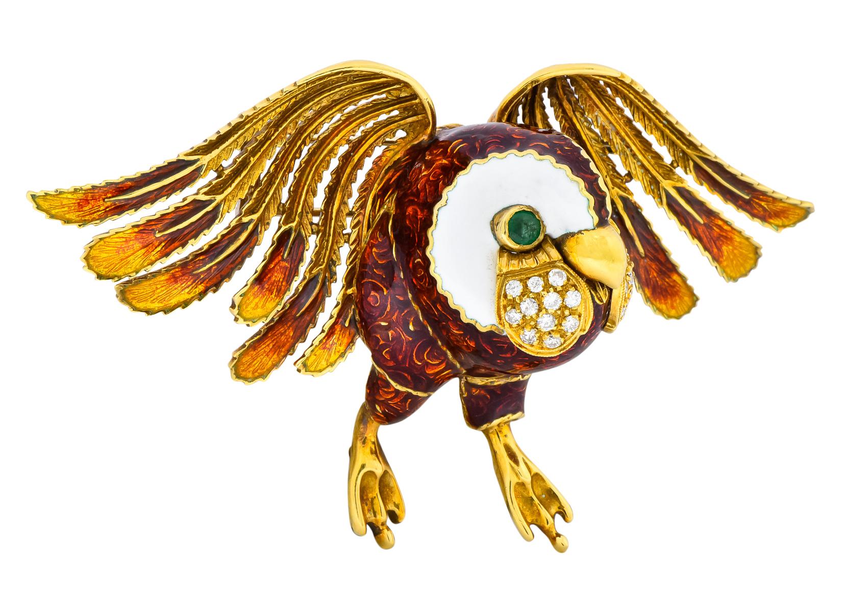 Designed as a three dimensional owl with textured detailed feathers and diamond accented cheeks 

Colored enamel on wings and body with white enamel throughout the face 

Round brilliant diamonds weighing approximately 0.53 carat total, E-F color
