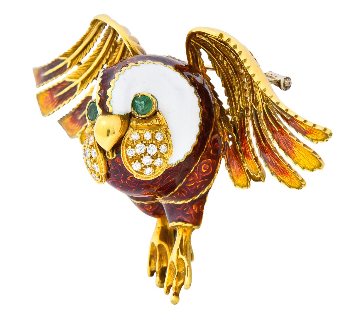 Modernist Large Diamond Emerald 18 Karat Gold Enamel Owl Brooch
