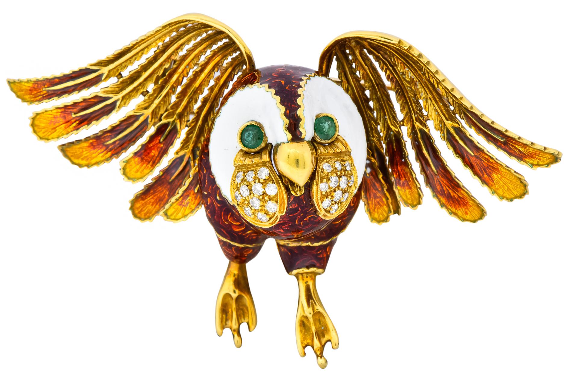 Women's or Men's Large Diamond Emerald 18 Karat Gold Enamel Owl Brooch