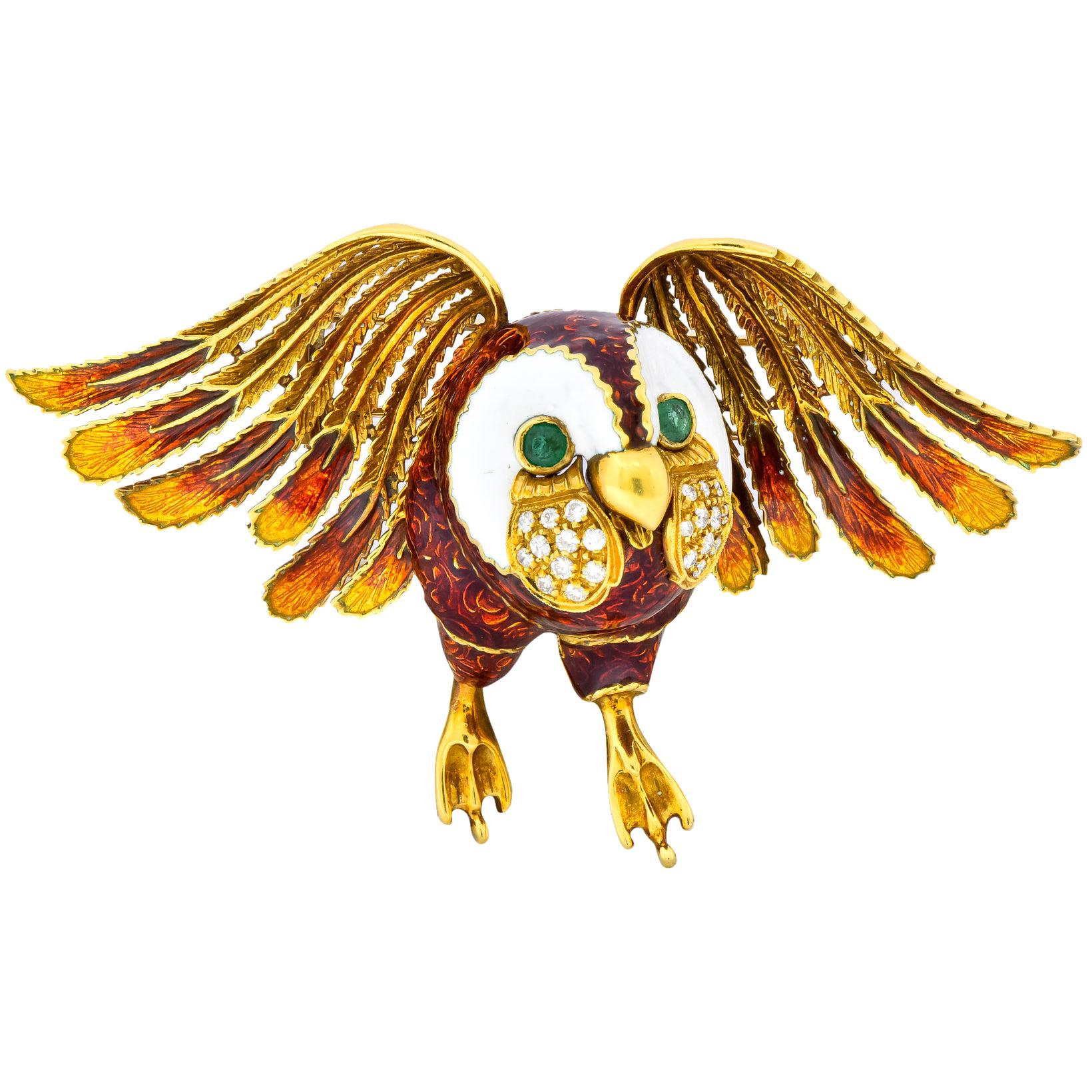 Large Diamond Emerald 18 Karat Gold Enamel Owl Brooch