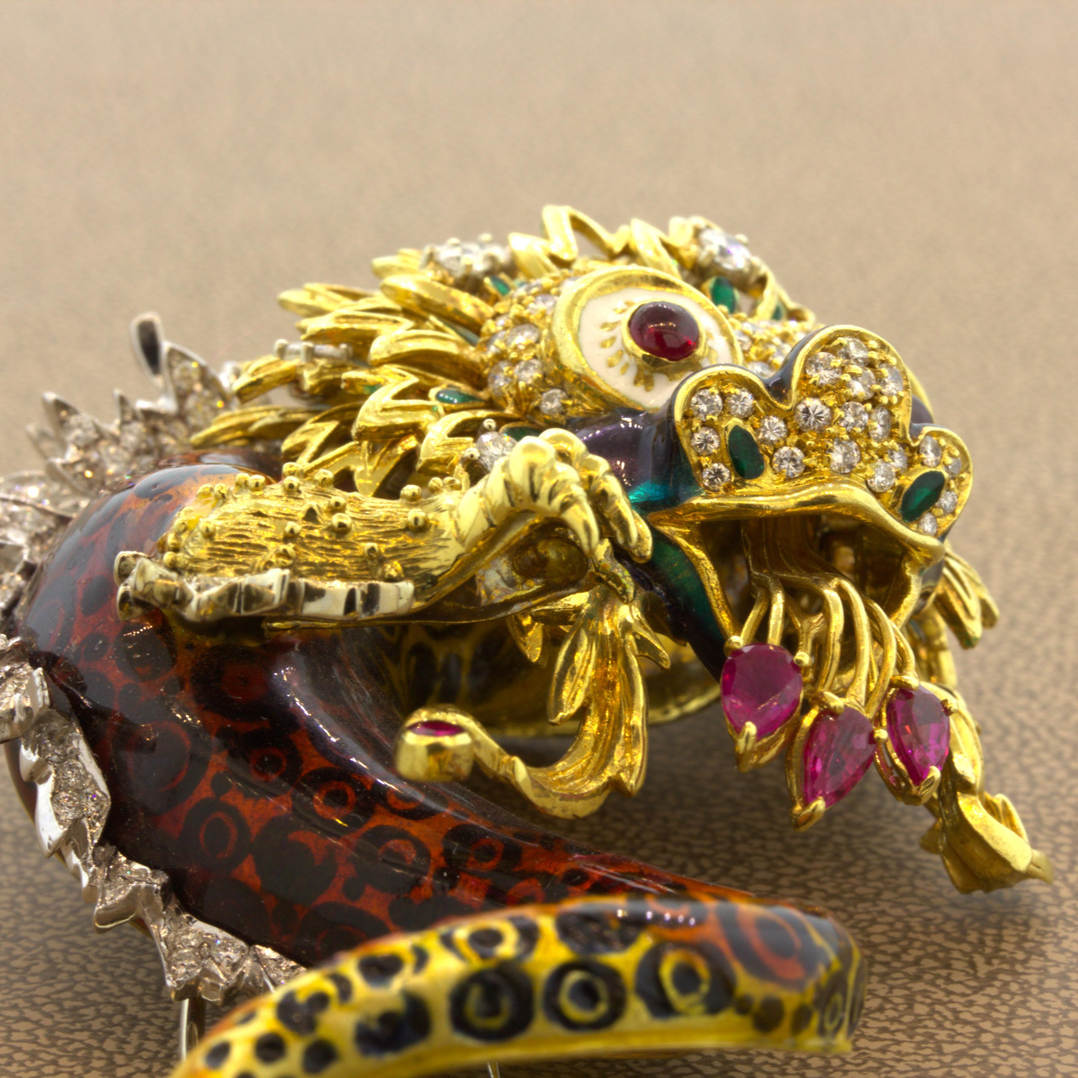 Women's or Men's Large Diamond Enamel Dragon 18K Yellow Gold Brooch For Sale