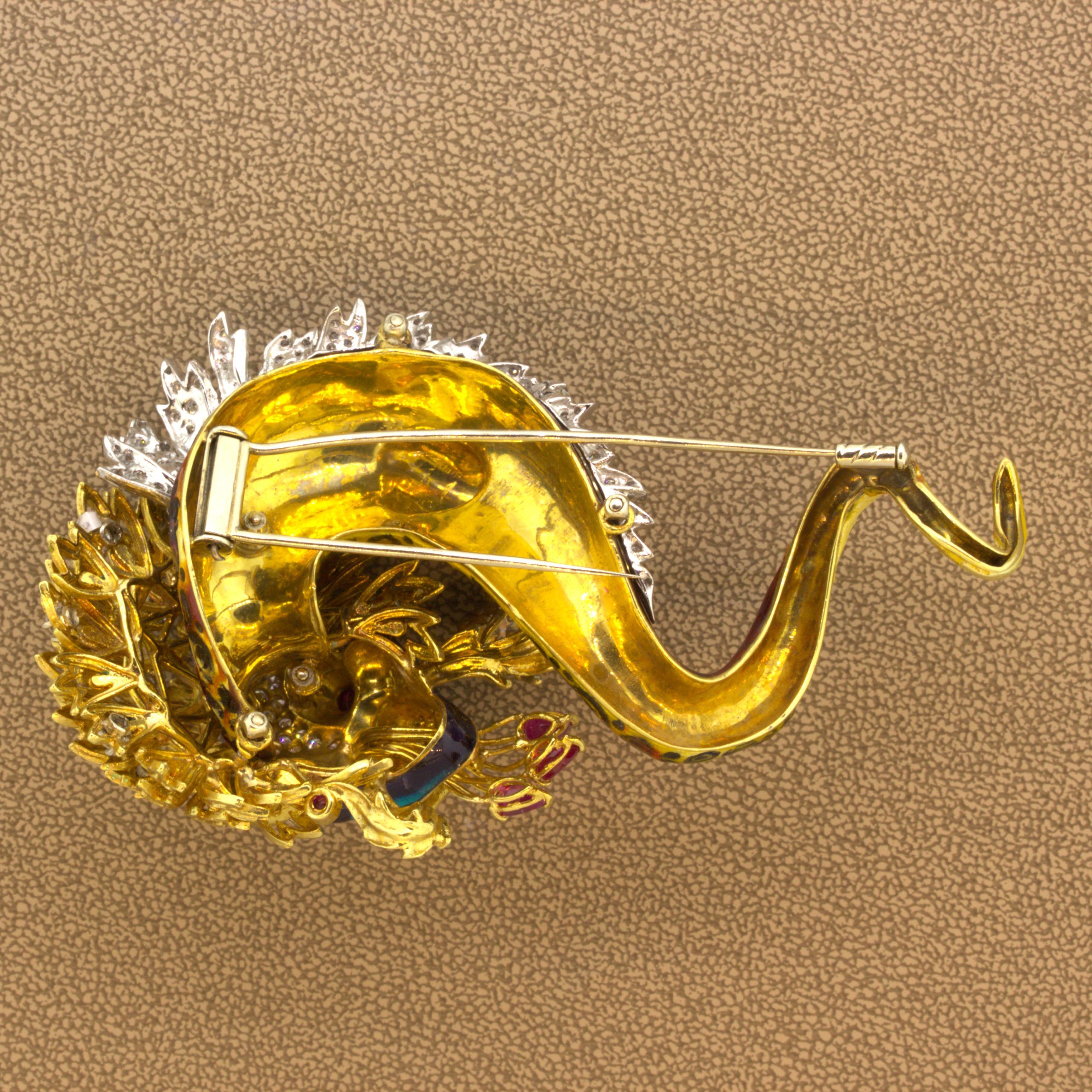 Large Diamond Enamel Dragon 18K Yellow Gold Brooch For Sale 2