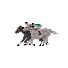 Large Diamond Enamel Polo Race Horse Jockey Brooch in 18k Gold