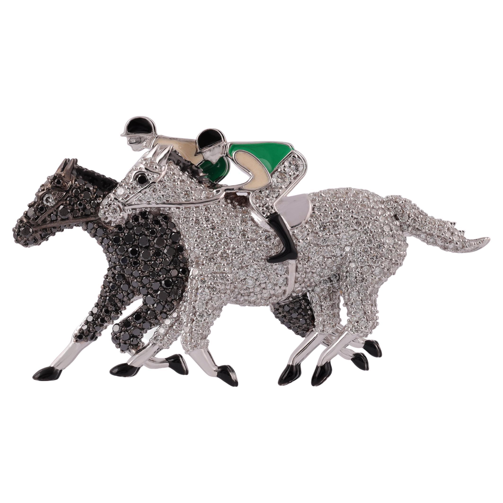 Large Diamond Enamel Polo Race Horse Jockey Brooch in 18k Gold