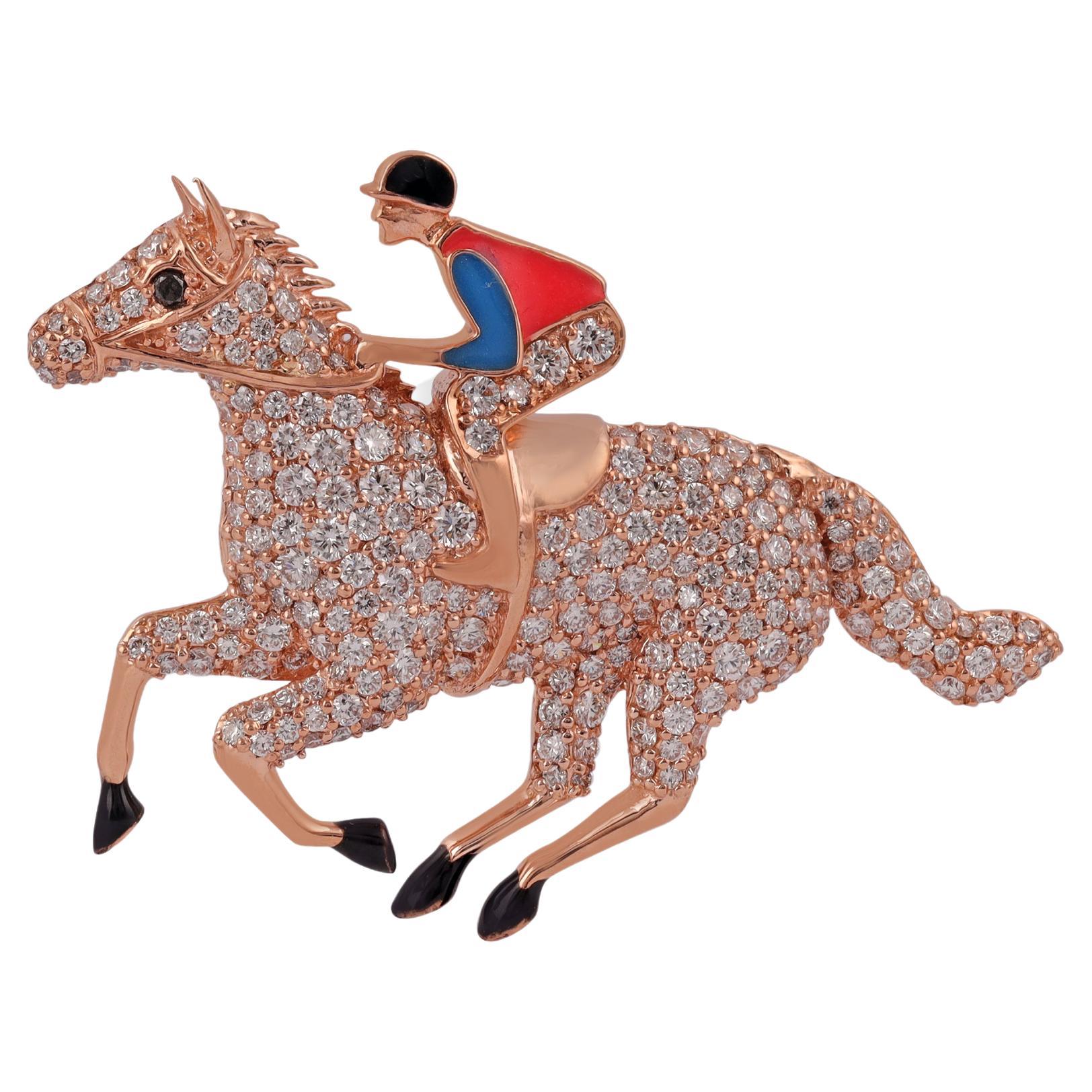 Große Diamant-Emaille-Jockey-Brosche für Polo-Rennenpferd aus 18 Karat Gold