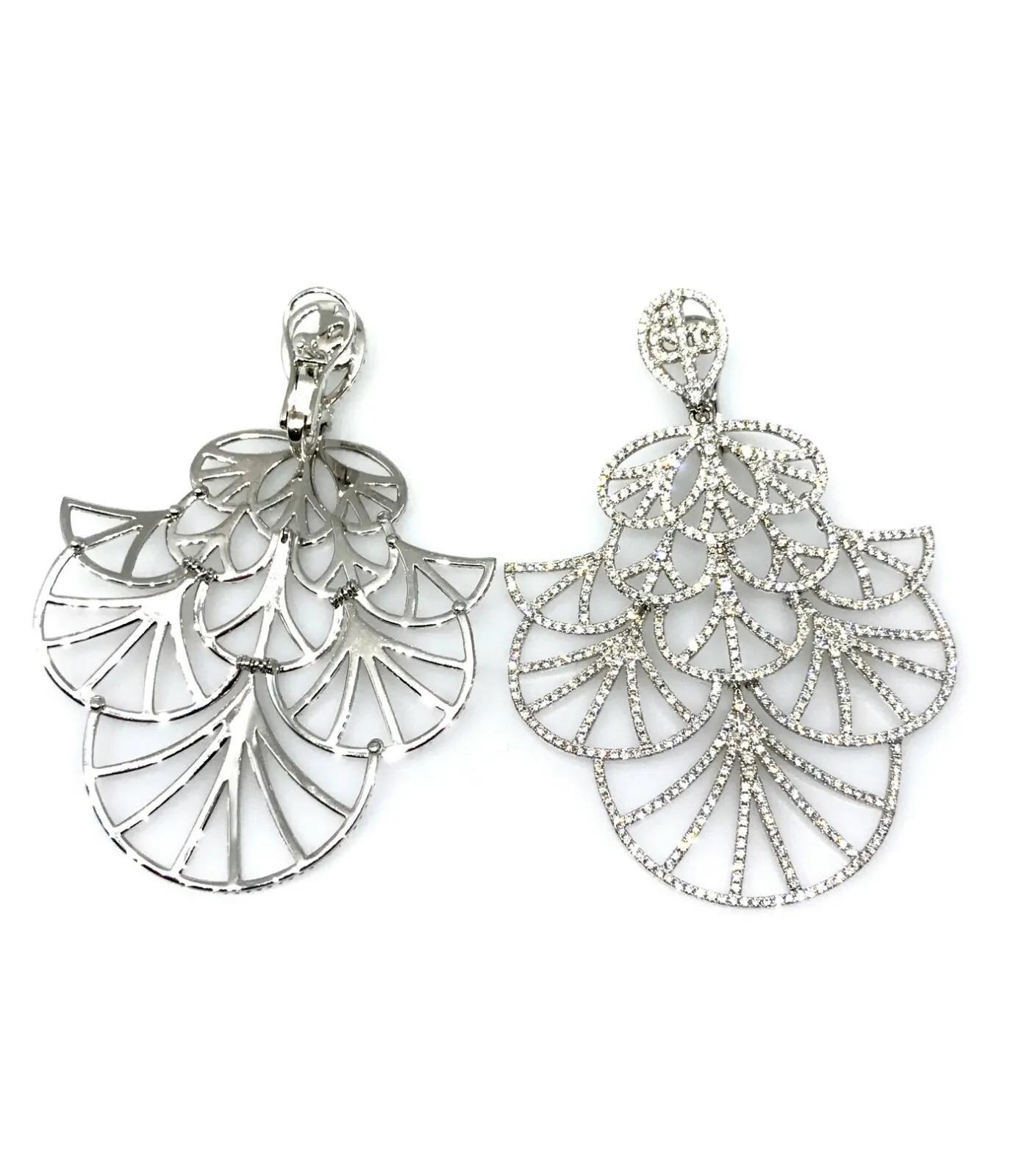Round Cut Large Diamond Fan Chandelier Earrings 9.50 Carats Total Weight in 18k White Gold For Sale